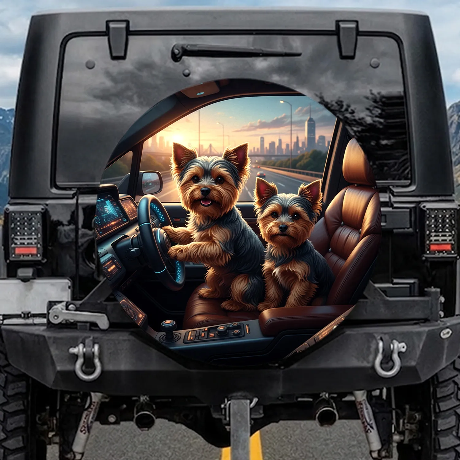 Yorkshire Terriers Futuristic Drive - Road Trip Companion Gift for Yorkie Lovers Spare Tire Cover - 1