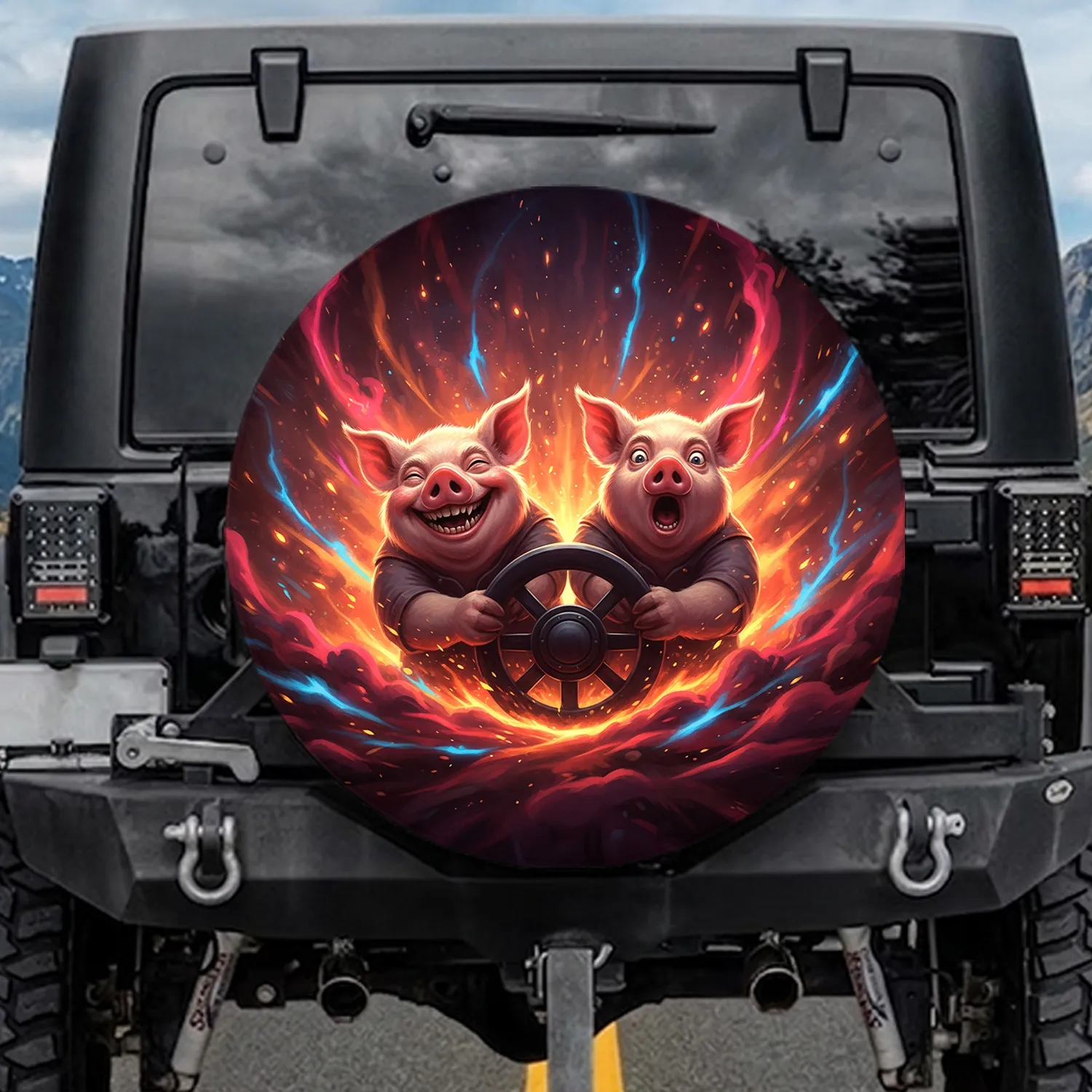 Fiery Cosmic Grinning Pig Shocked Pig Control Element - Sci-Fi Fan Gift Spare Tire Cover - 1