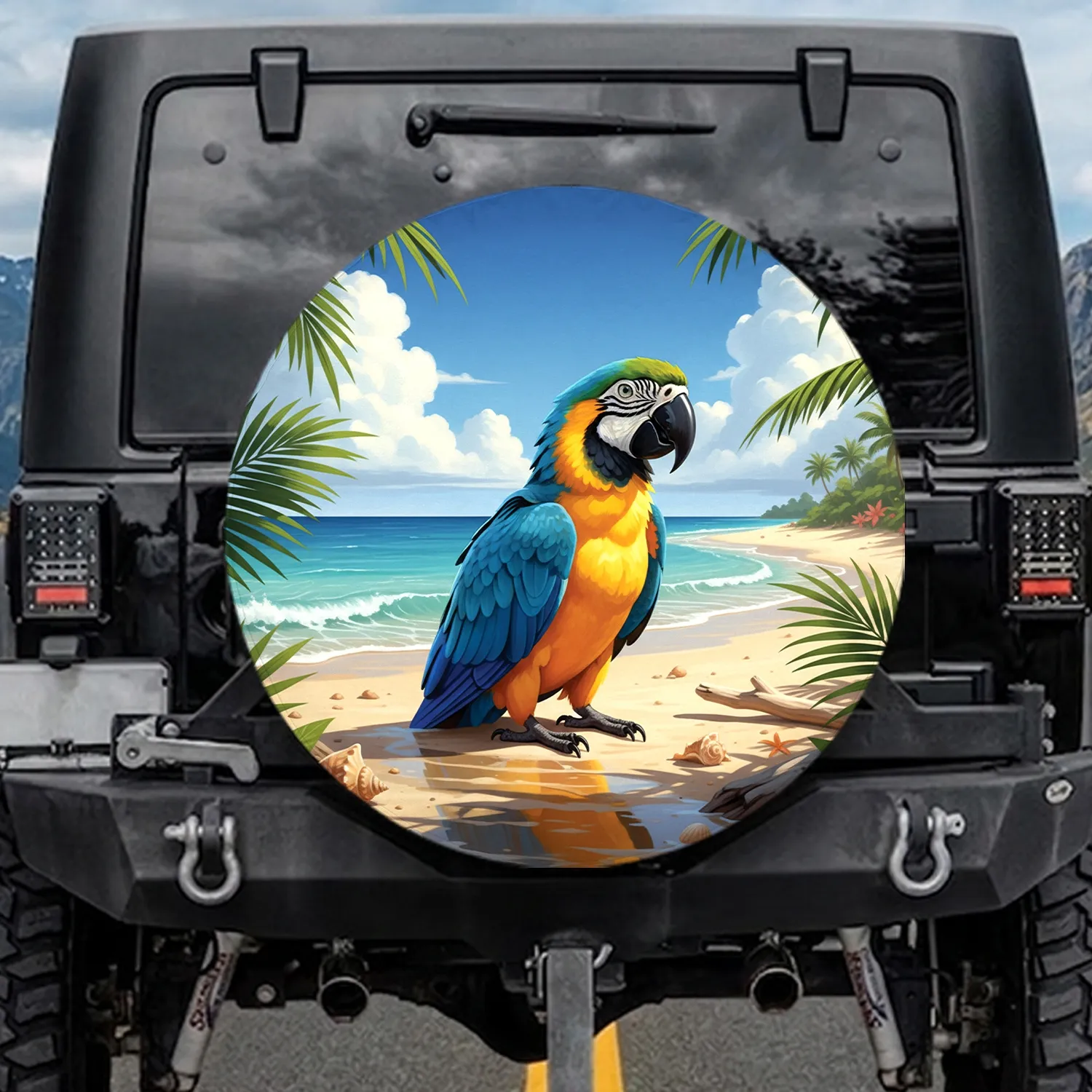 Blue and Gold Macaw Tropical Beach Coastal Landscape - Wildlife Lover Travel Gift Spare Tire Cover - 1