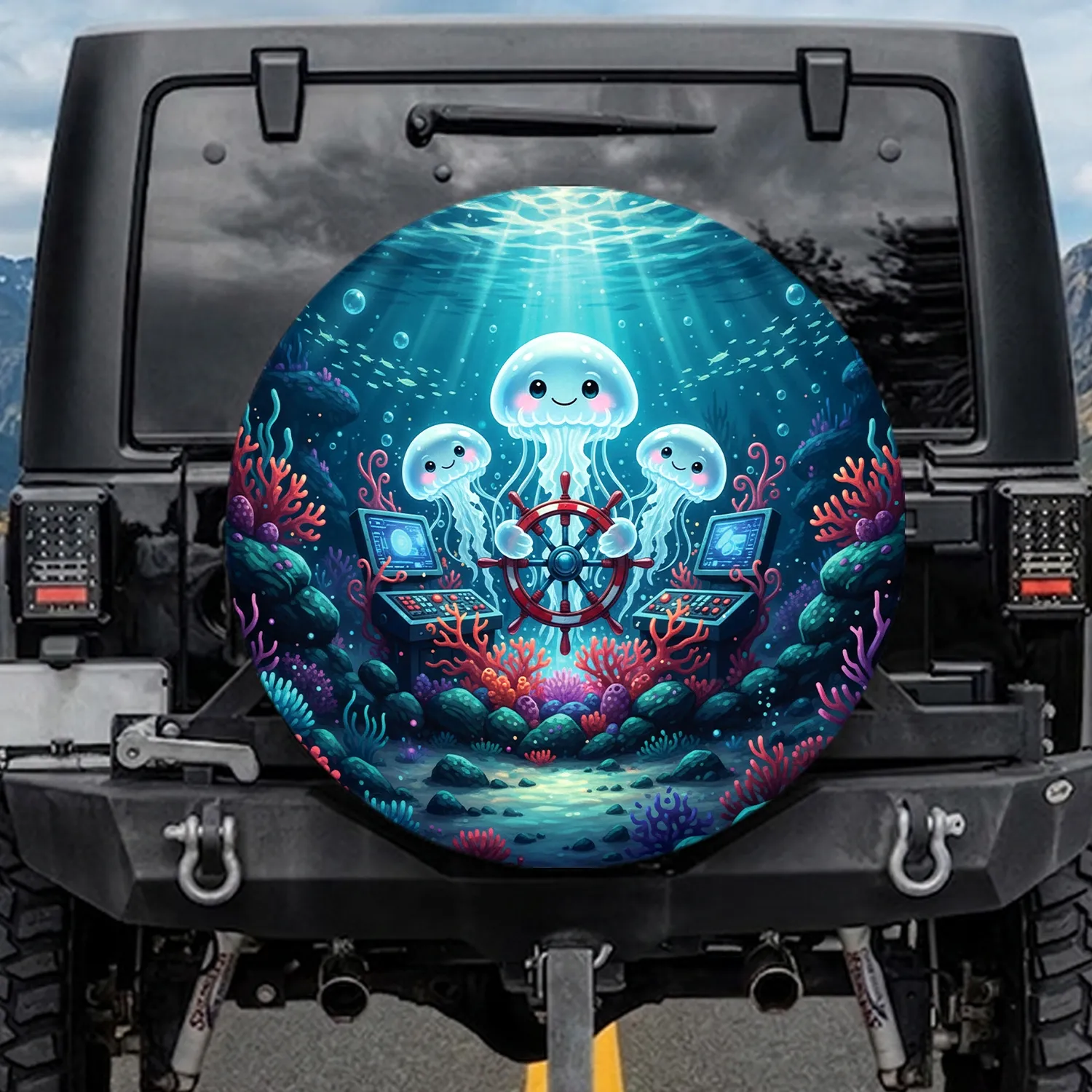 Smiling Jellyfish Command Wheel Coral Reef - Deep Sea Life Lover Gift Spare Tire Cover - 1