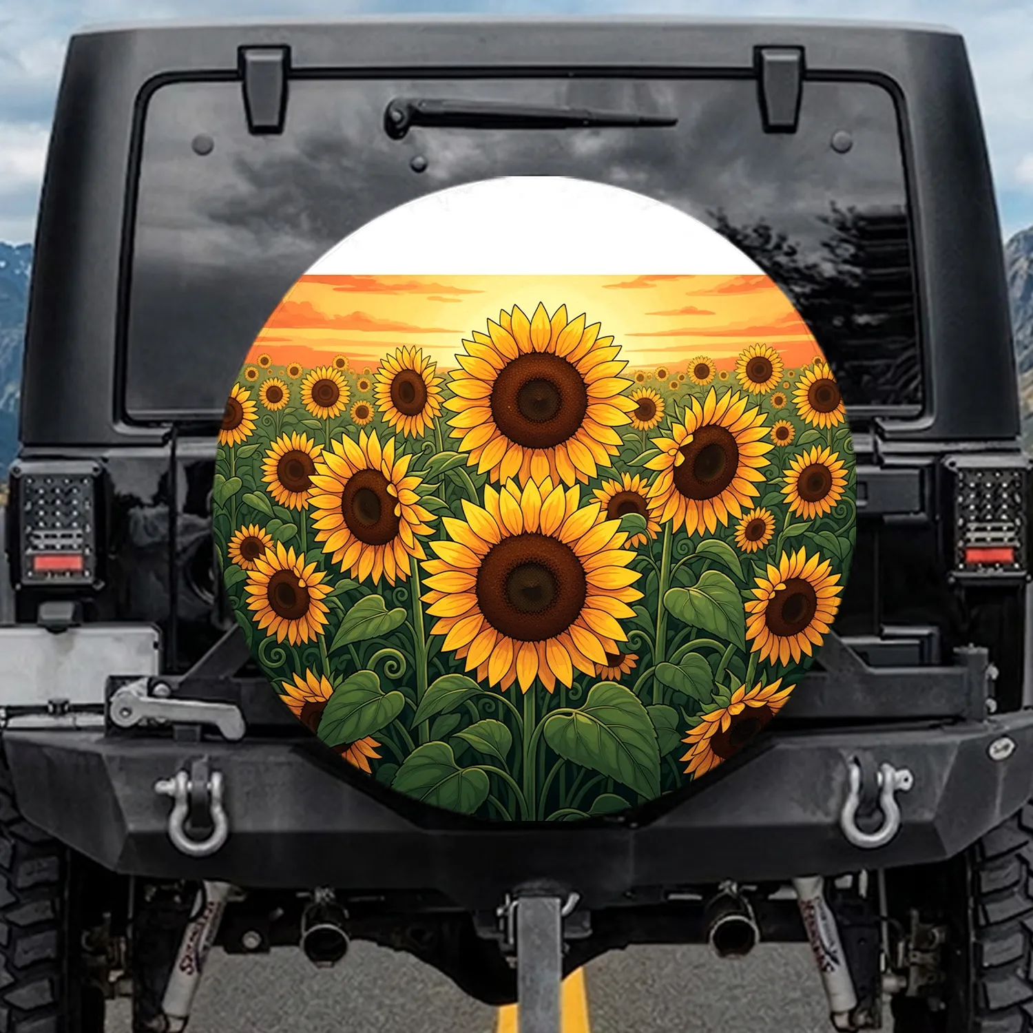 Dense Glowing Sunflowers Lush Foliage Strong Stems Sunset Field - Farmhouse Home Decor Gift Spare Tire Cover - 1