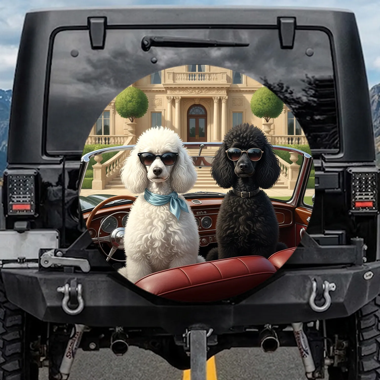 Poodles Vintage Car Mansion - Luxury Lifestyle Gift for Poodle Lover Spare Tire Cover - 1