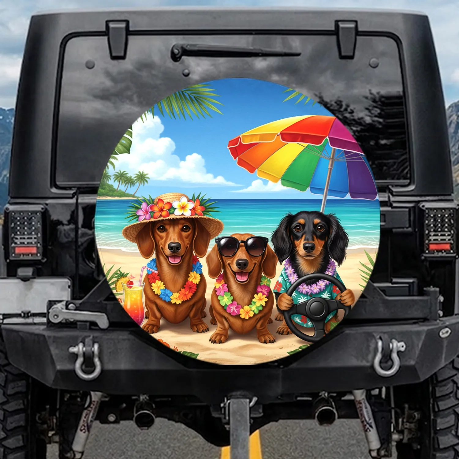 Dachshunds Hawaiian Beach Vacation - Dog Lover Summer Travel Essentials Spare Tire Cover - 1