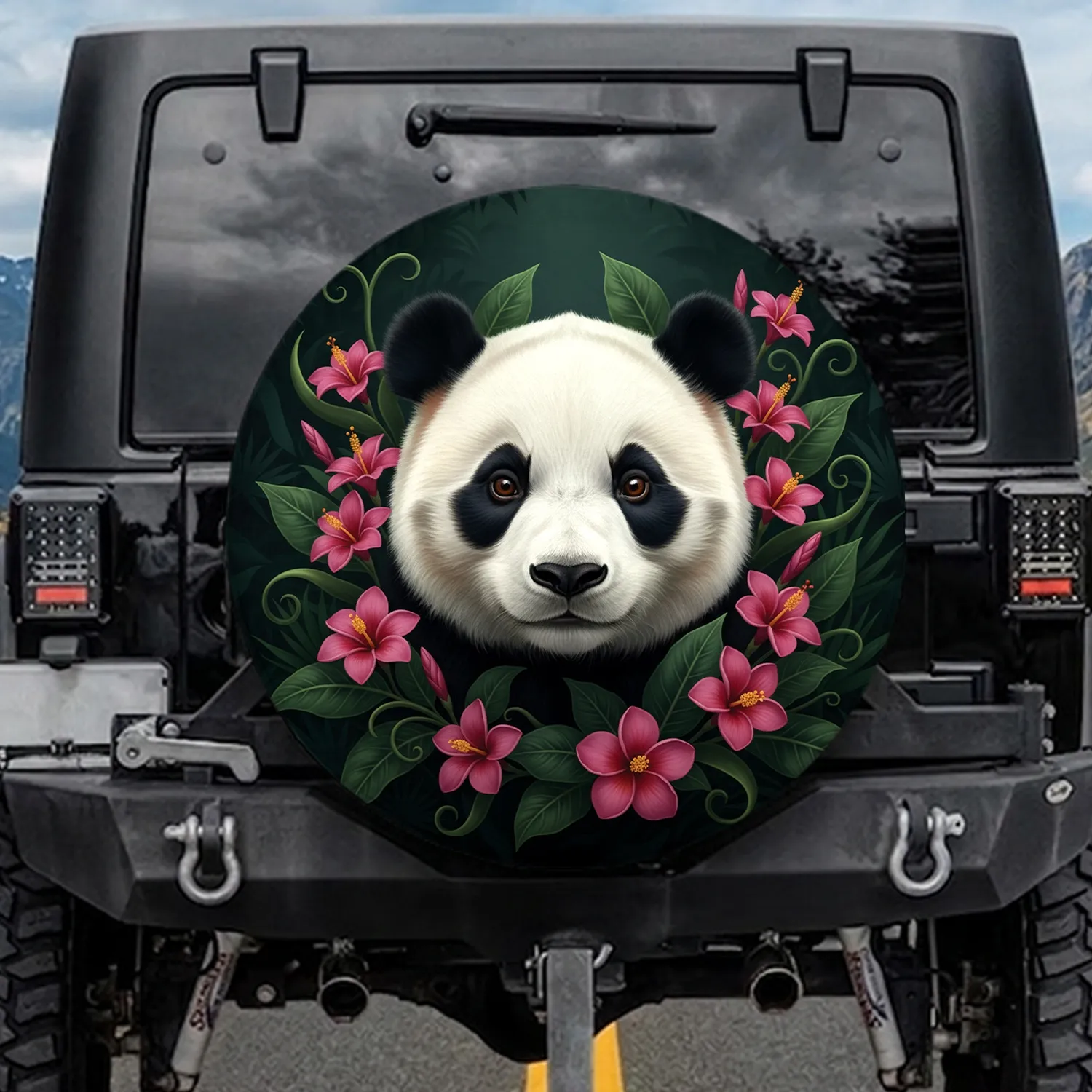 Panda Face Fuchsia Tropical Flowers - Wildlife Lover Gift Spare Tire Cover - 1