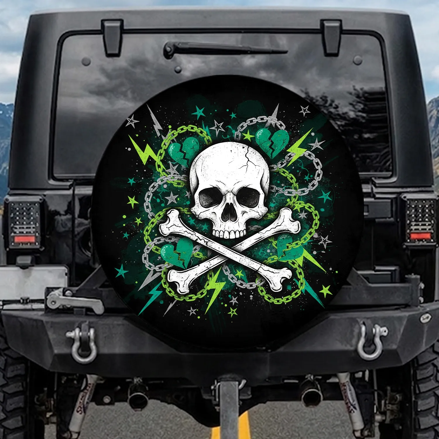 Distressed Skull Crossbones Chains Hearts - Rebel Culture Auto Accessory Spare Tire Cover - 1