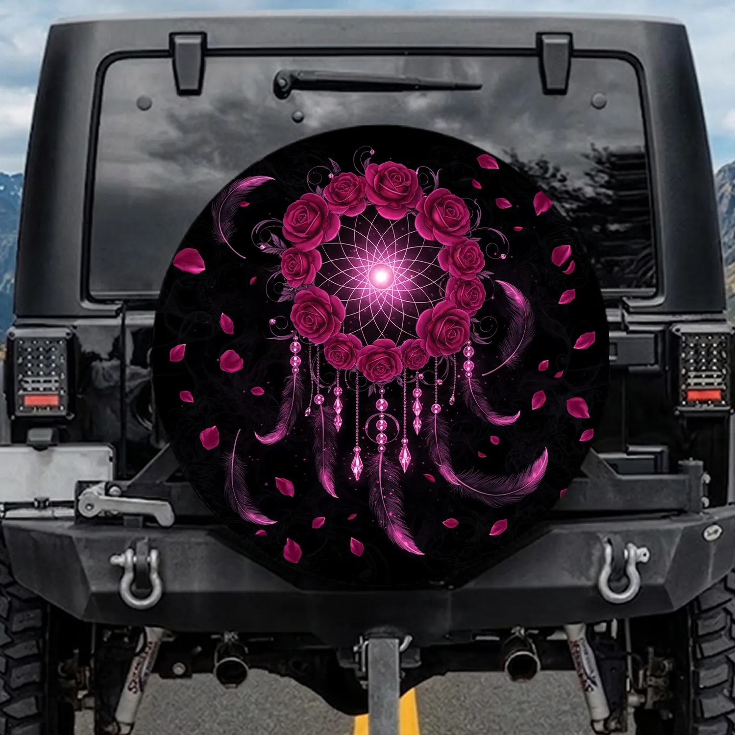Ornate Dreamcatcher Magenta Roses Pink Feathers Black Filigree - Boho Lifestyle Gift Spare Tire Cover - 1