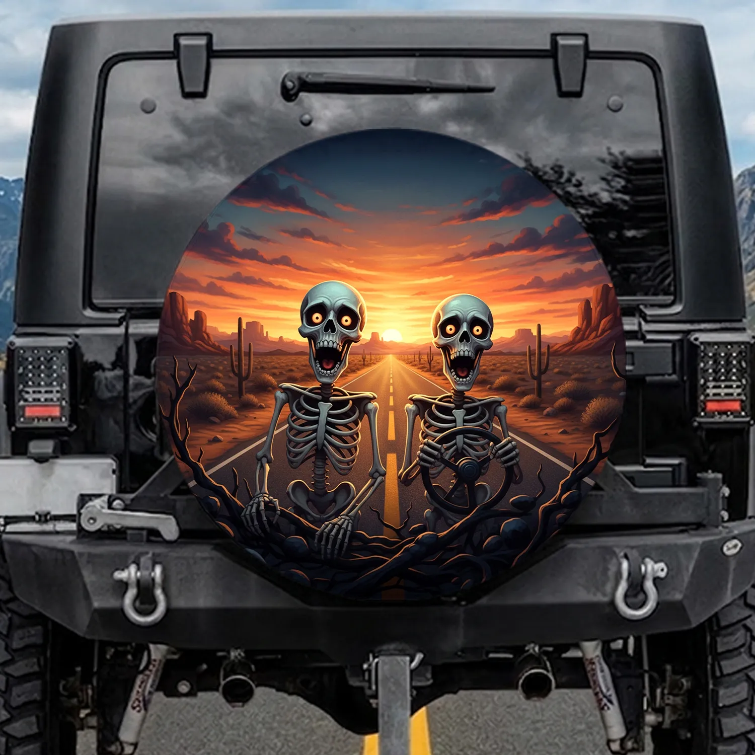 Cartoon Skeletons Desert Highway Sunset Landscape - Humorous Road Trip Adventure Spare Tire Cover - 1