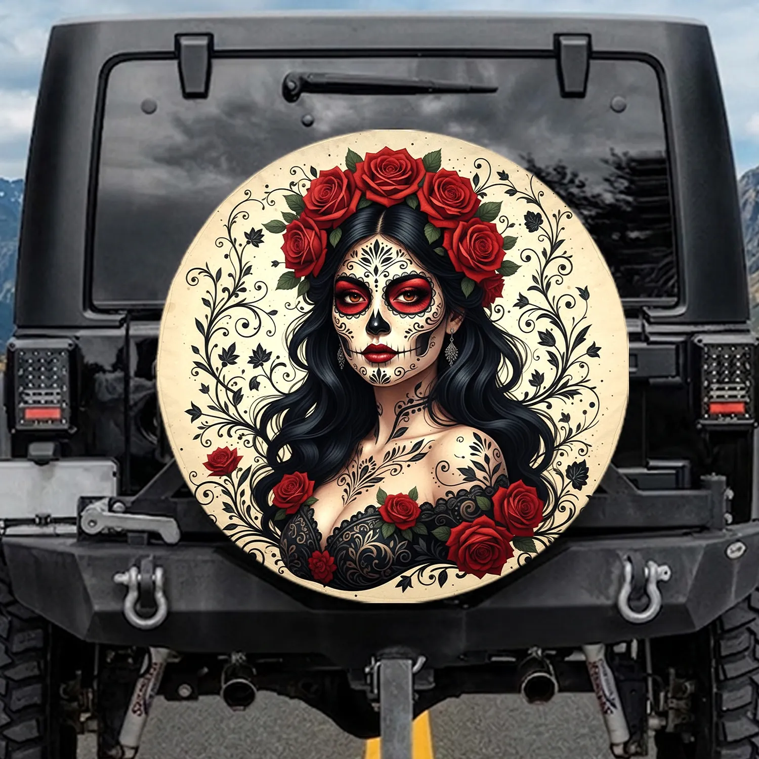 Sugar Skull Woman Red Roses Black Scrollwork - Gothic Decor Gift Spare Tire Cover - 1