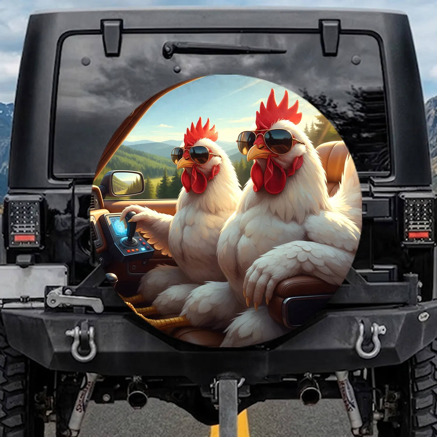 Chickens in Sunglasses Road Trip Countryside - Country Lover Gift Spare Tire Cover - 1