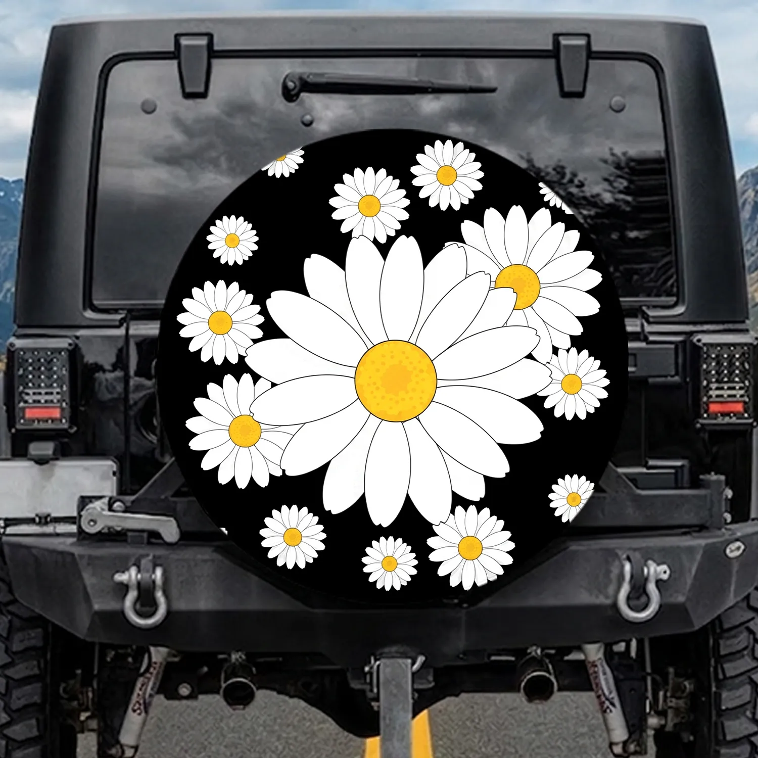 White Daisy Black Field Floral - Home Decor Gift for Flower Lover Spare Tire Cover - 1