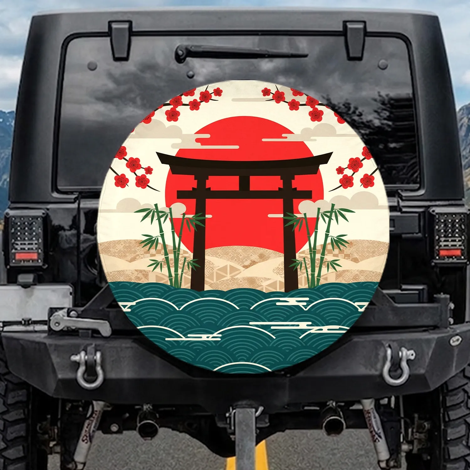 Japanese Torii Gate Red Sun Landscape - Travel Essentials Gift for Japan Lover Spare Tire Cover - 1