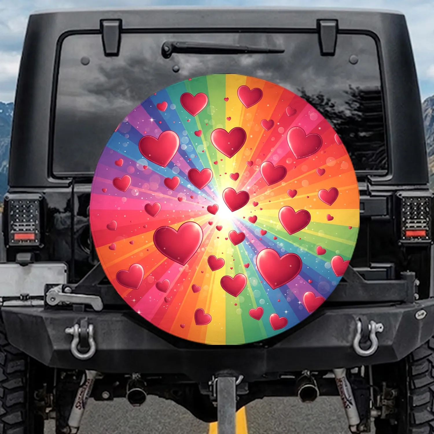 Pink Red Hearts Full Rainbow Sparkles - Love Theme Everyday Vehicle Decor Gift for Loved Ones Spare Tire Cover - 1
