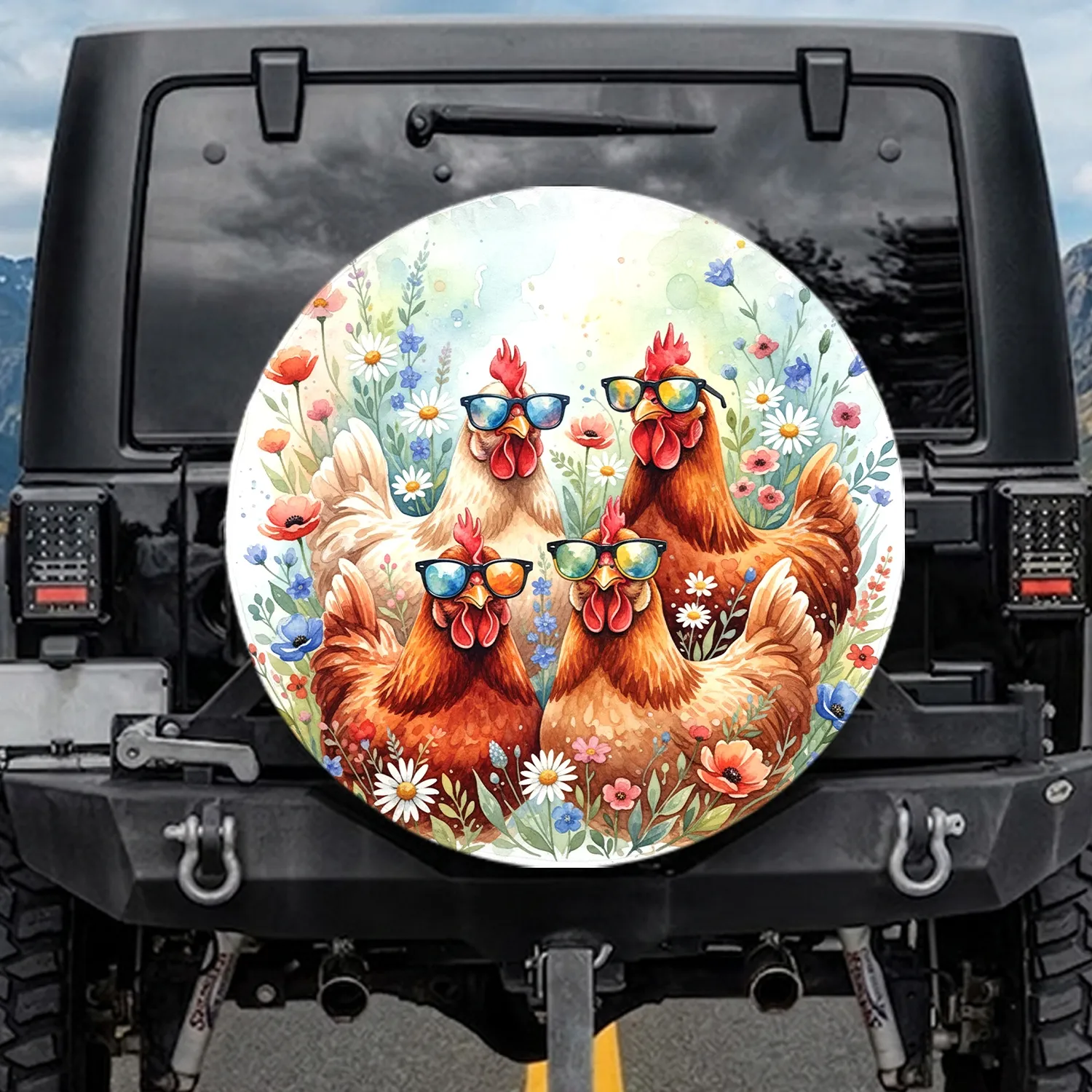 Chickens Mirrored Sunglasses Wildflowers - Farmhouse Decor Gift for Garden Lover Spare Tire Cover - 1