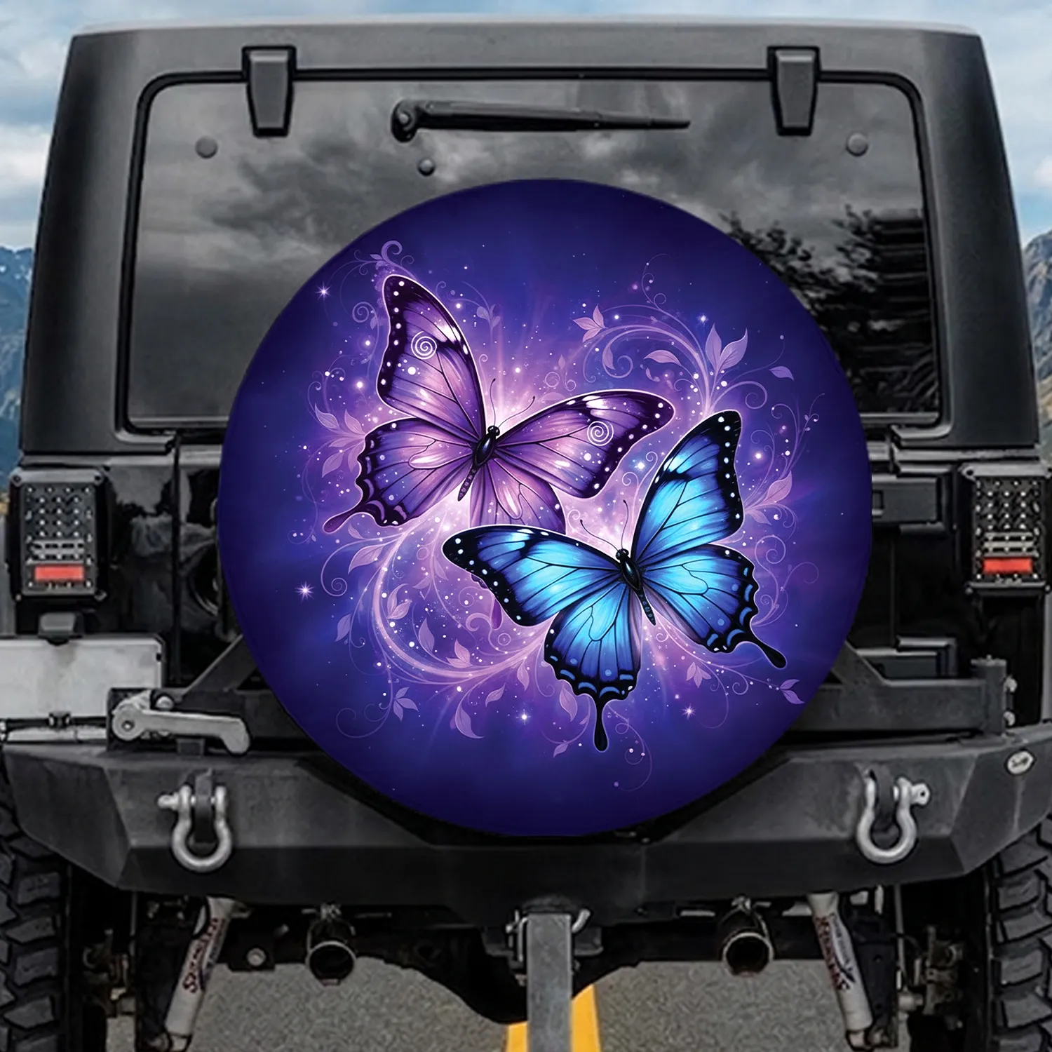 Iridescent Purple Blue Butterflies Glowing Floral Light Trails - Fantasy Lover's Gift Spare Tire Cover - 1