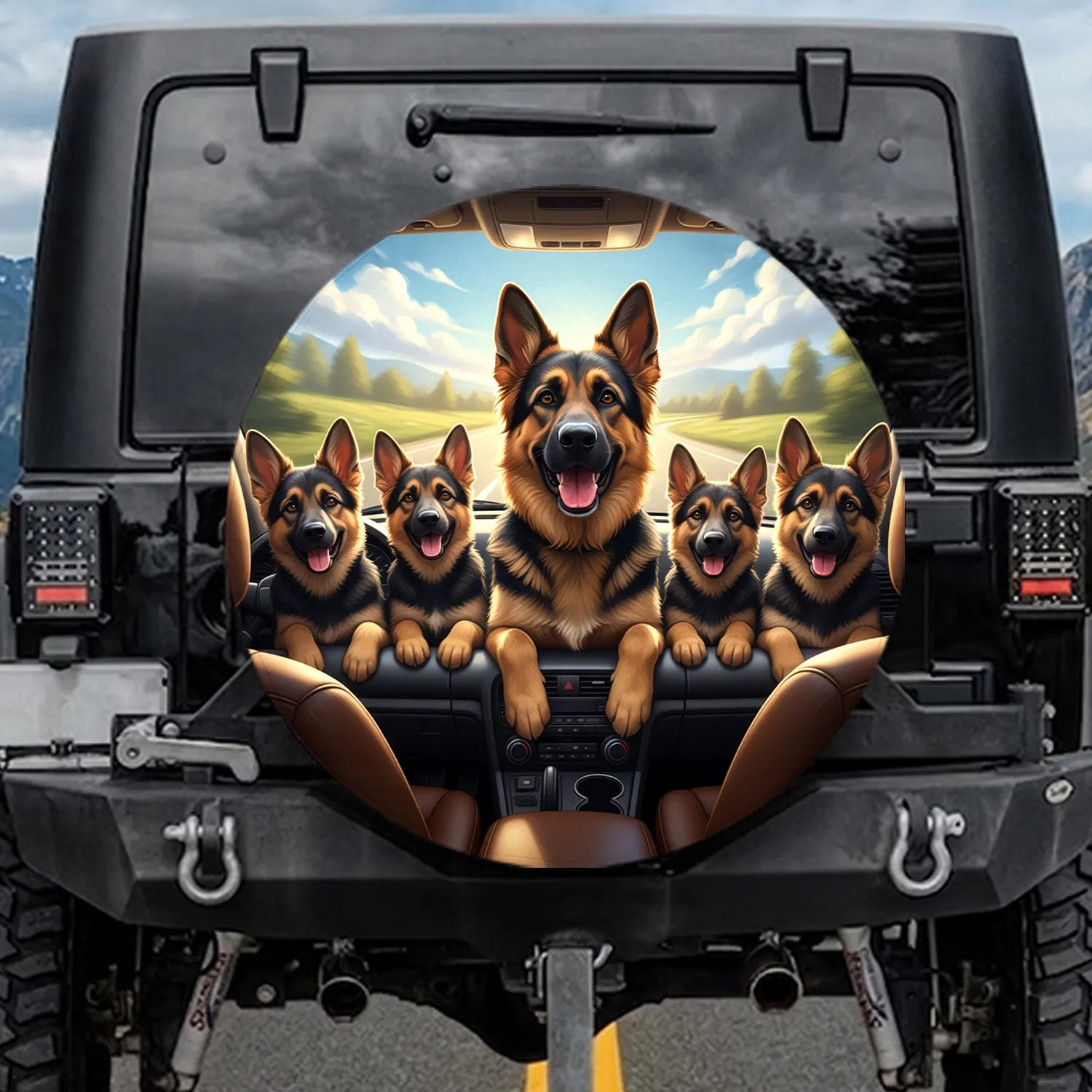 Joyful German Shepherd Dogs Driving Car - Dog Lover Adventure Gift Spare Tire Cover - 1