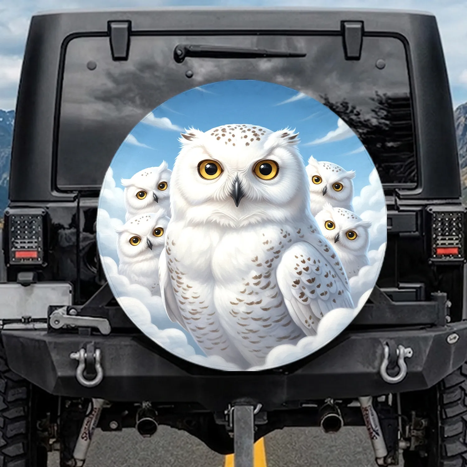 Snowy Owl Family Blue Sky Clouds - Wildlife Lover Gift for Owl Lovers Spare Tire Cover - 1