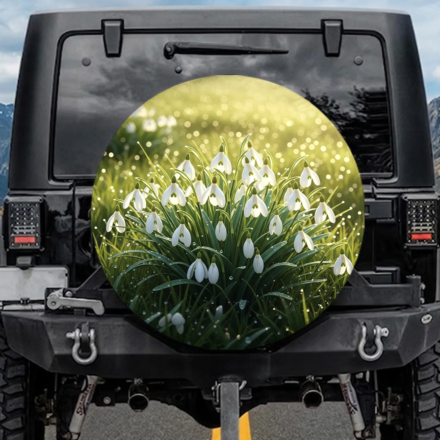 White Snowdrop Flowers Dewy Green Grass - Spring Home Decor Gift for Garden Lovers Spare Tire Cover - 1