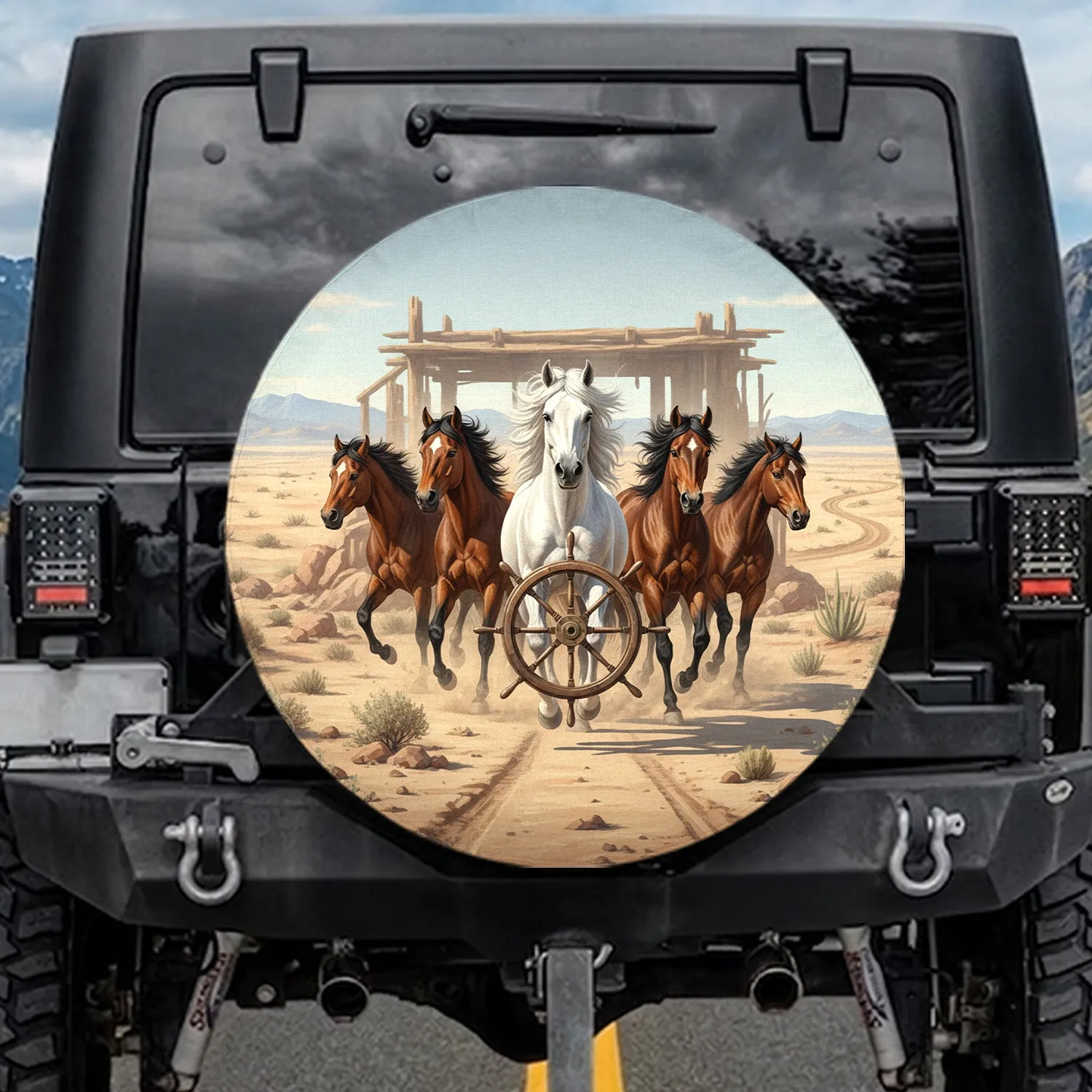 Wild Horses Desert Journey Rustic Steering Wheel - Adventure Lover Gift Spare Tire Cover - 1
