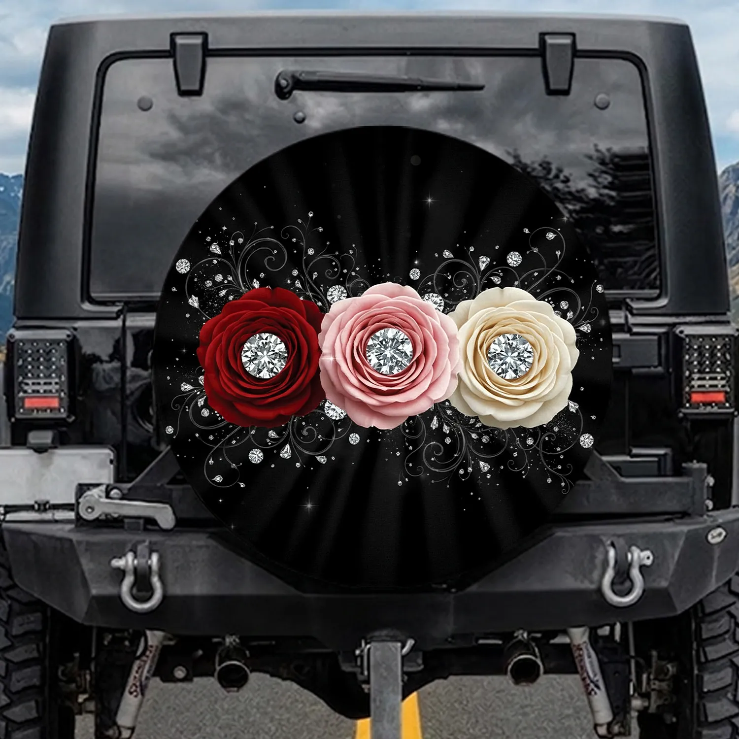 Three Layered Roses Faceted Diamond Cluster Swirling Vines Crystal Dewdrops - Vehicle Decor Gift Spare Tire Cover - 1