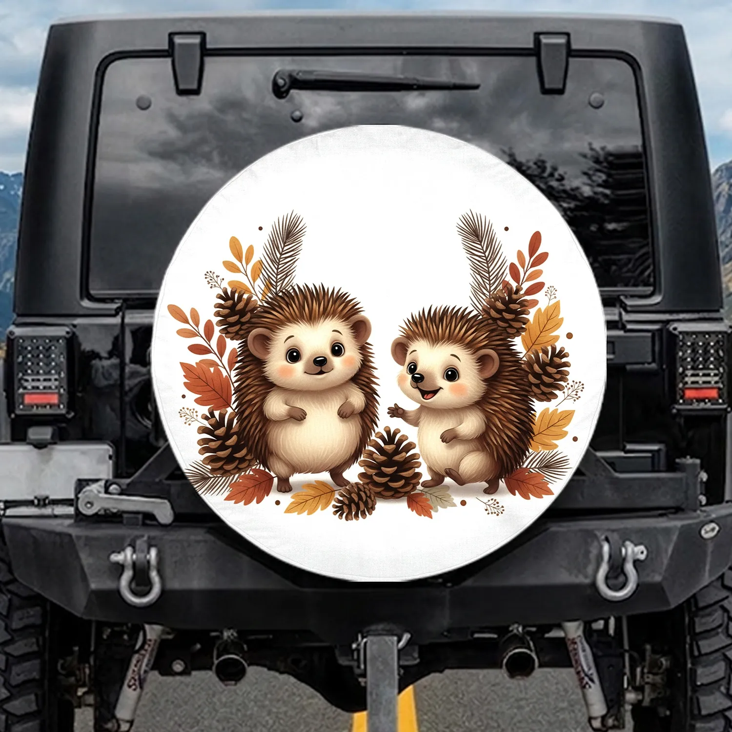 Hedgehogs Pinecones Autumn Foliage - Fall Seasonal Home Decor Gift for Wildlife Lovers Spare Tire Cover - 1