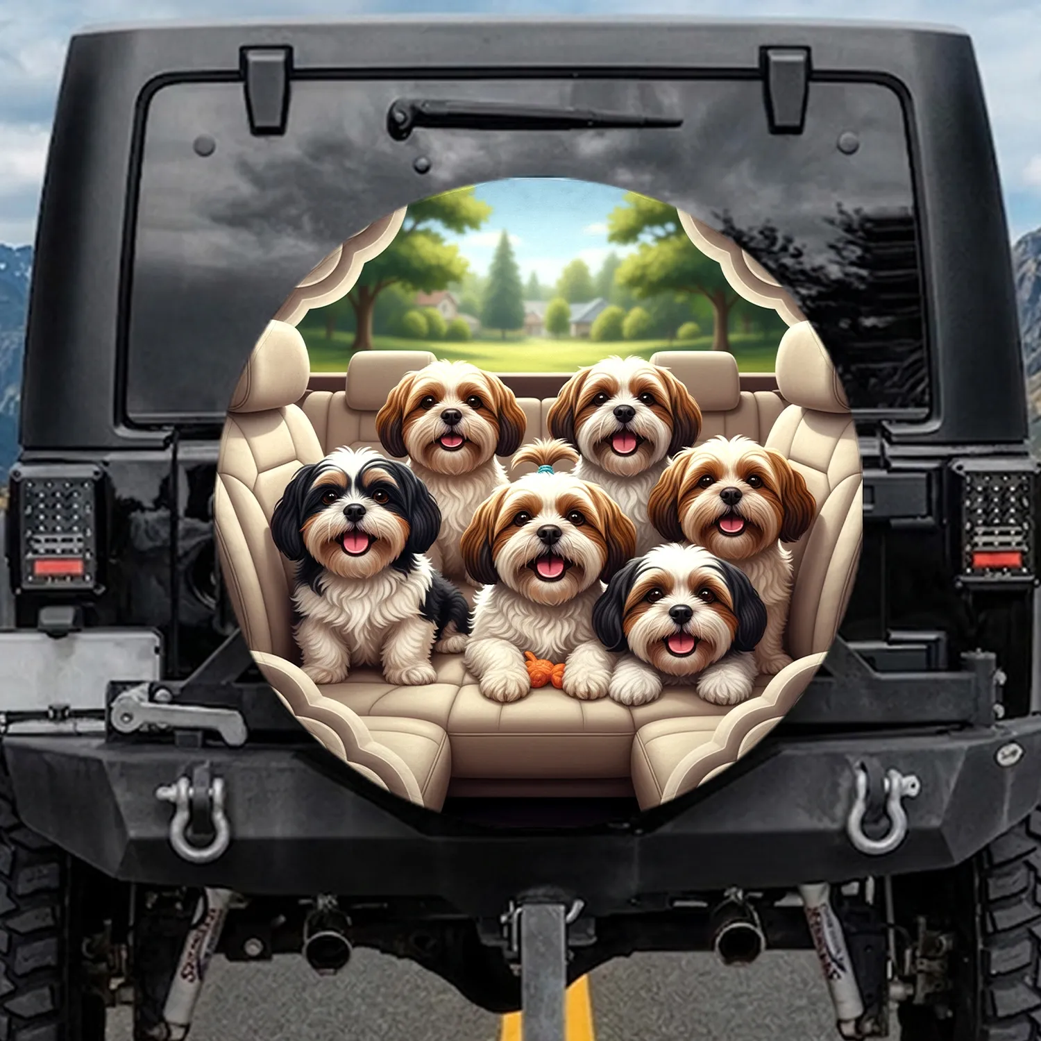 Fluffy Dogs Car Interior Sunny Landscape - Dog Lover Gift Spare Tire Cover - 1