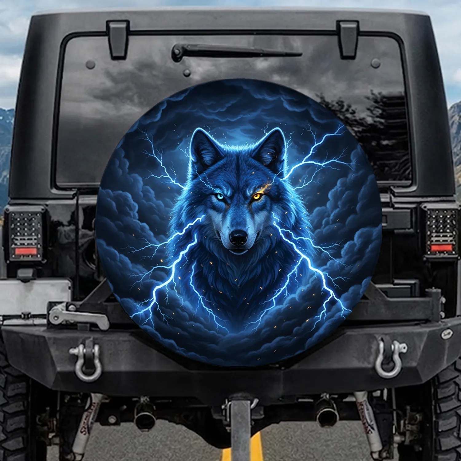 Majestic Blue Wolf Piercing Heterochromatic Eyes Lightning Storm - Wildlife Lover Gift Spare Tire Cover - 1