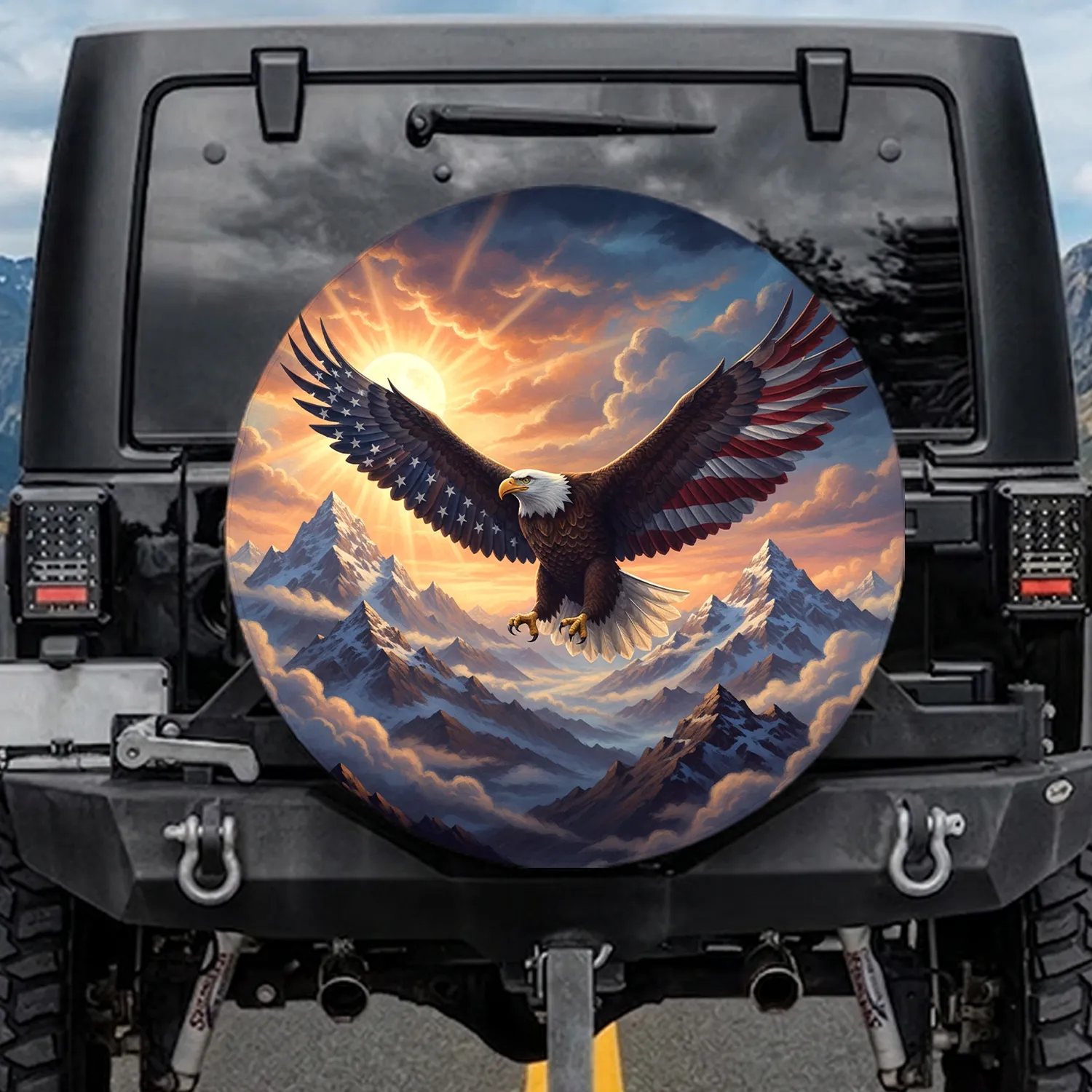 Bald Eagle American Flag Mountains - Independence Day Gift for Veterans Spare Tire Cover - 1
