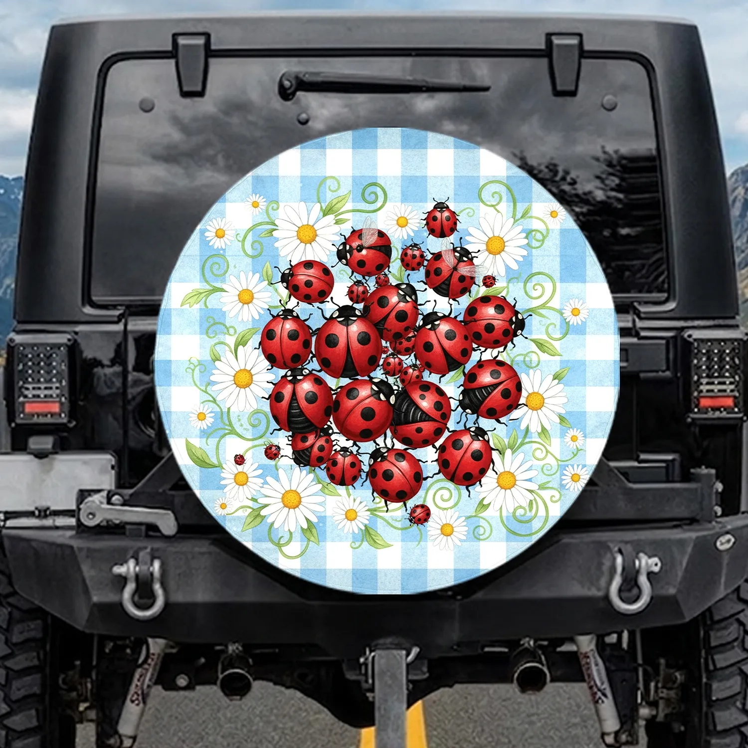 Red Ladybugs White Daisies Blue Gingham Checkered - Home Decor Gift for Garden Lover Spare Tire Cover - 1