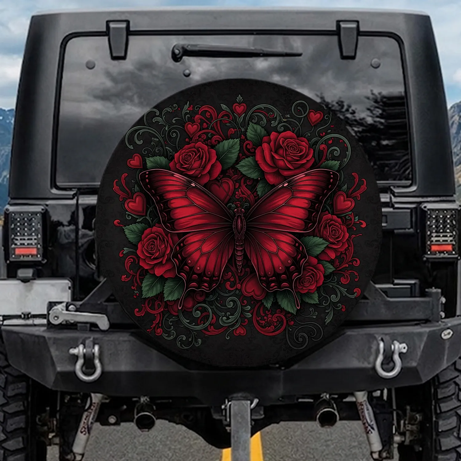 Deep Crimson Butterfly Roses Gothic Hearts - Home Decor Gift for Gothic Lover Spare Tire Cover - 1