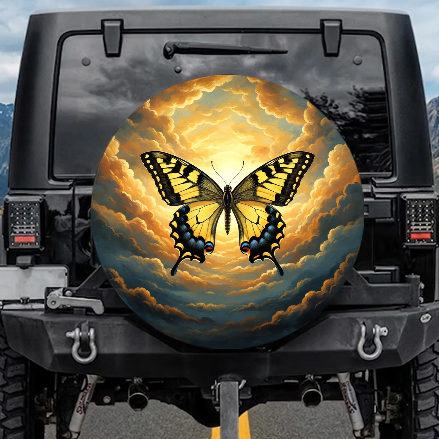 Majestic Butterfly Golden Clouds Sky - Home Decor Gift for Wildlife Lovers Spare Tire Cover - 1
