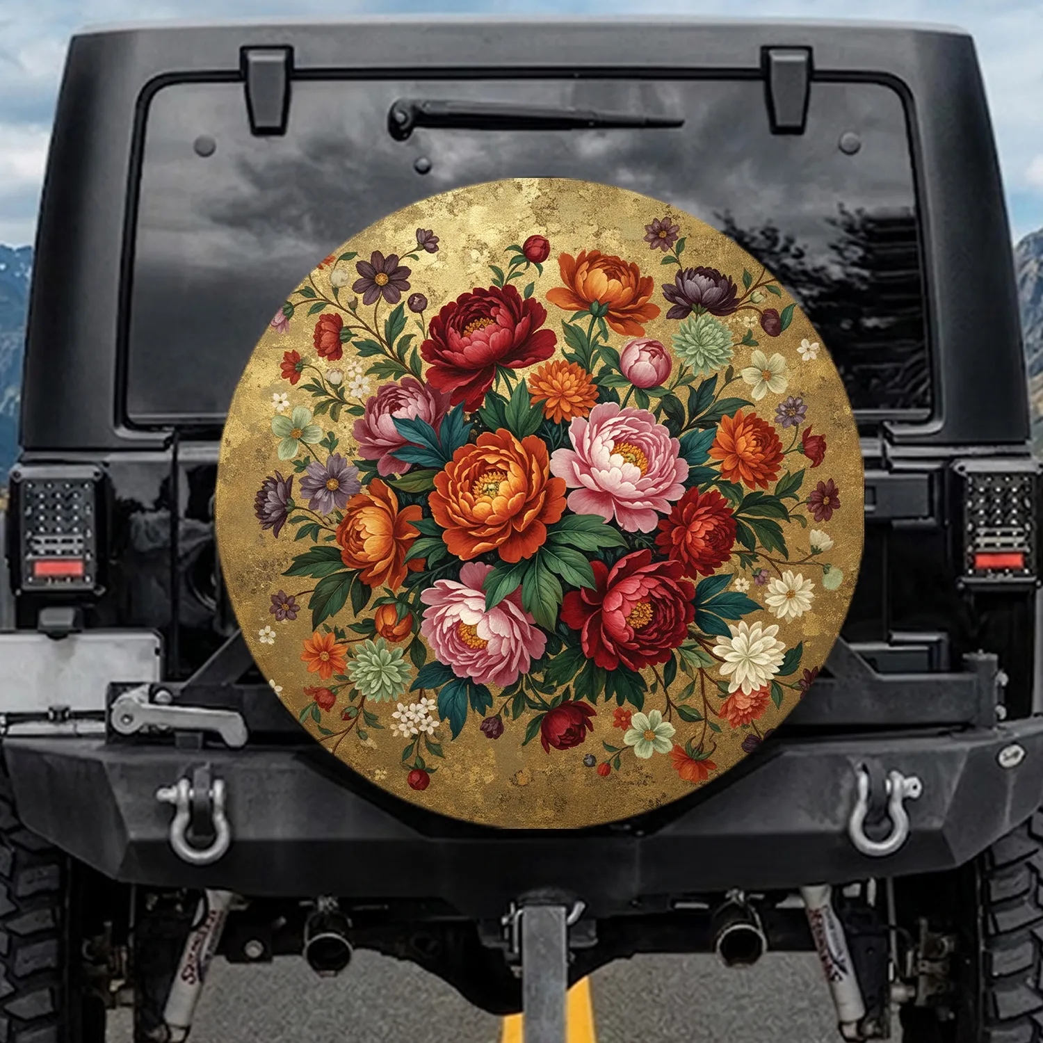 Peony Chrysanthemum Floral Oil Painting - Home Decor Gift for Flower Lover Spare Tire Cover - 1