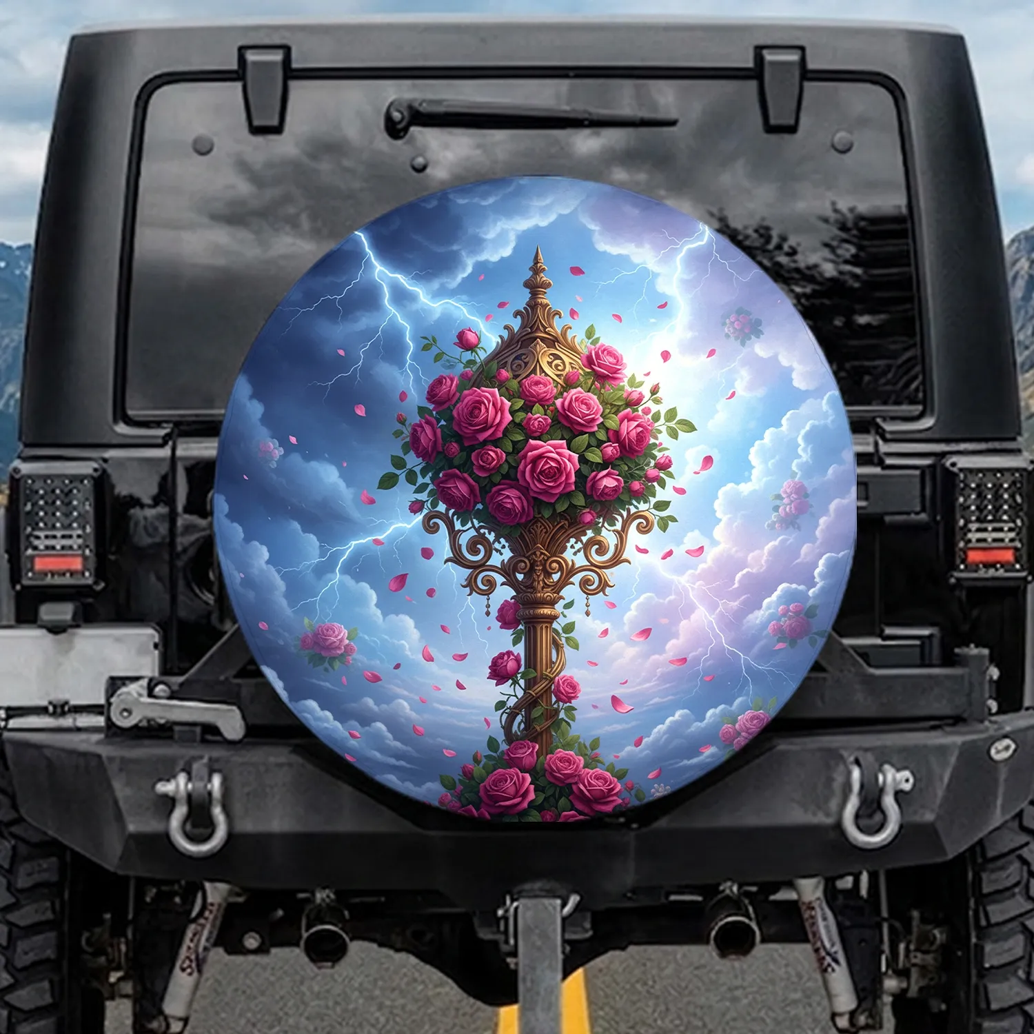 Rose Bouquet Golden Lamppost Lightning Sky - Fantasy Home Decor Spare Tire Cover - 1