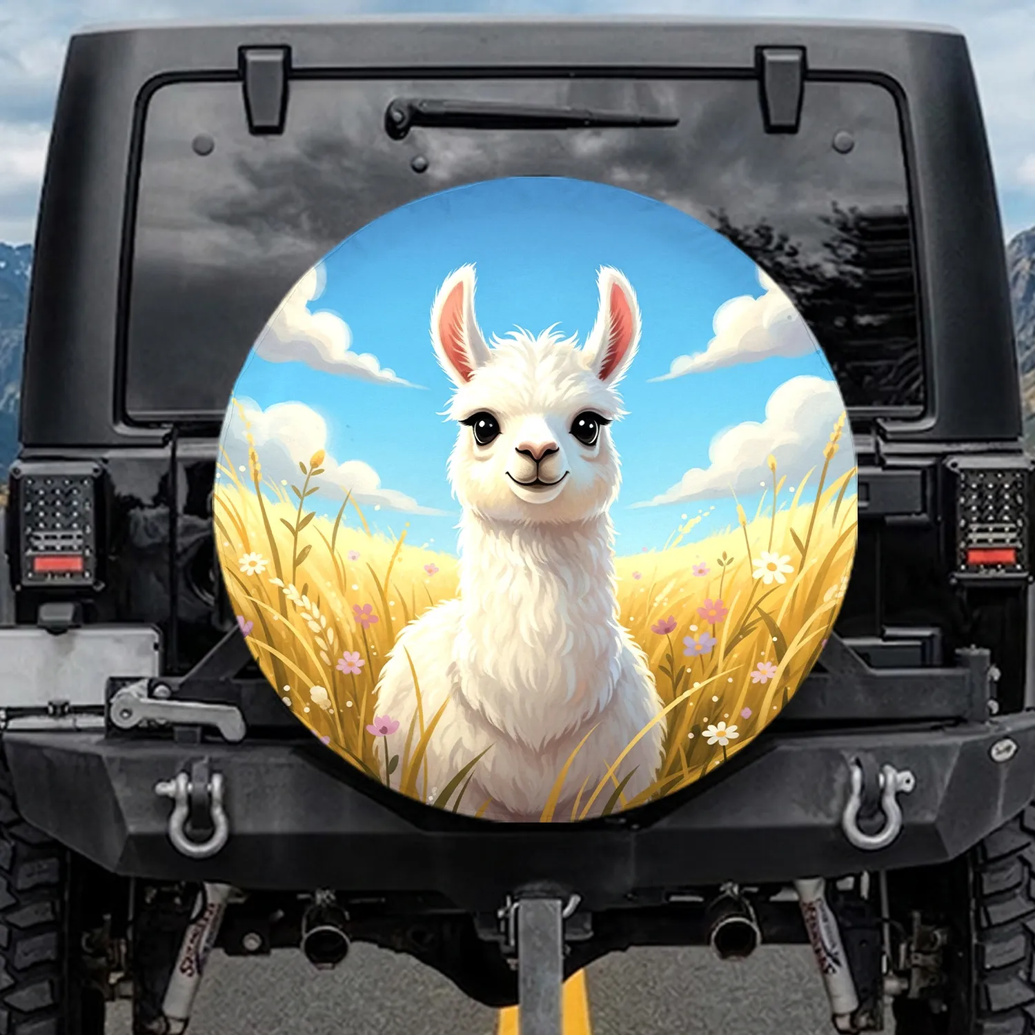 Fluffy White Llama Wildflower Meadow Blue Sky - Llama Lover Home Decor Gift Spare Tire Cover - 1