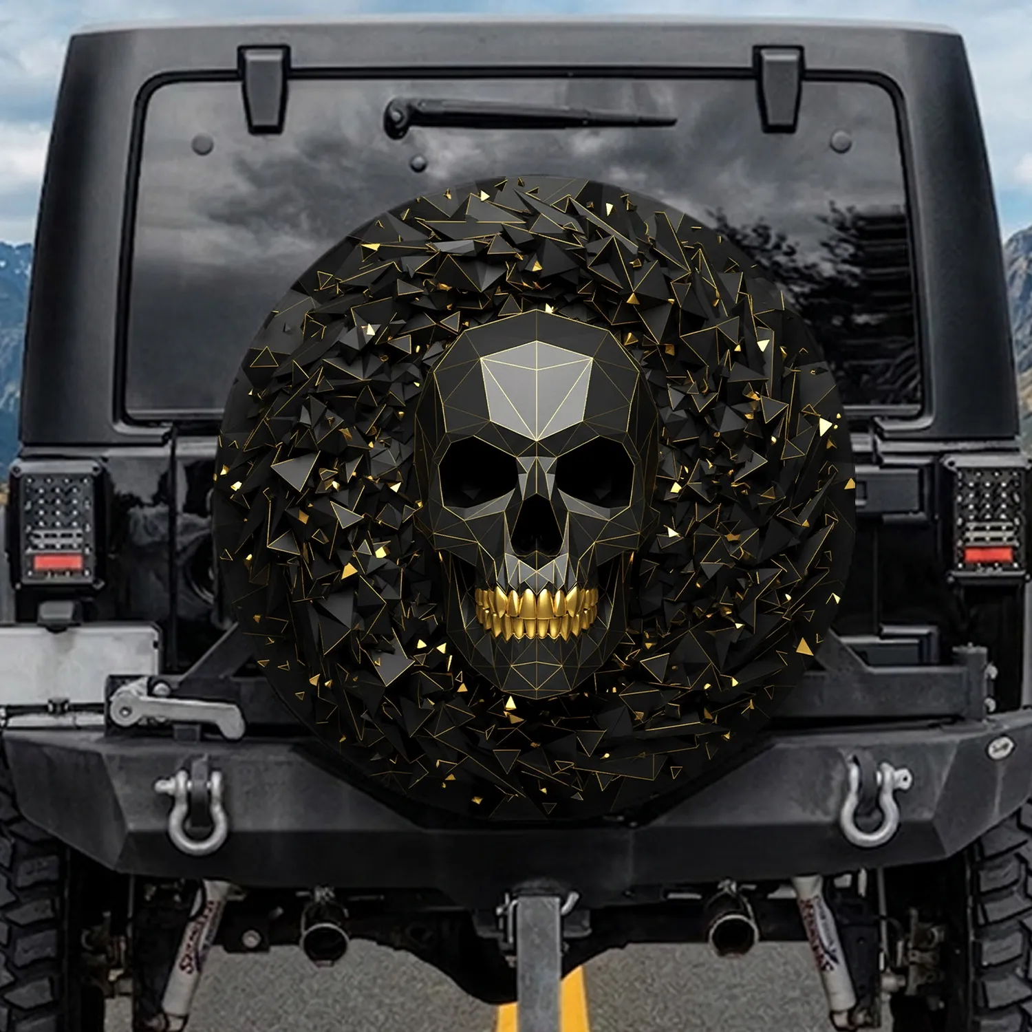 Obsidian Faceted Geometric Skull Gold Teeth Shards Polygons - Everyday Vehicle Accessory Spare Tire Cover - 1