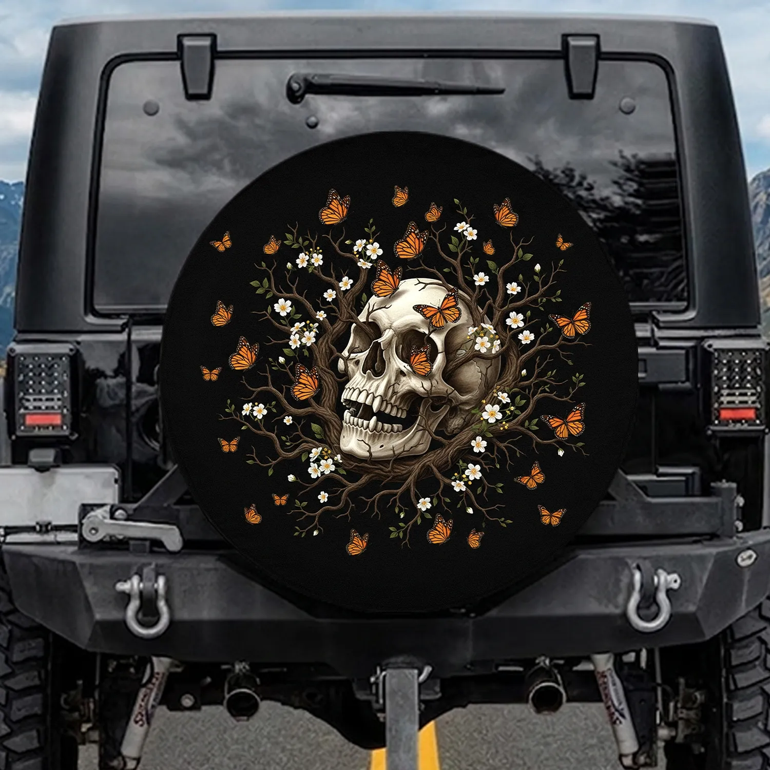 Human Skull Gnarled Branches Monarch Butterflies - Home Decor Gift Spare Tire Cover - 1