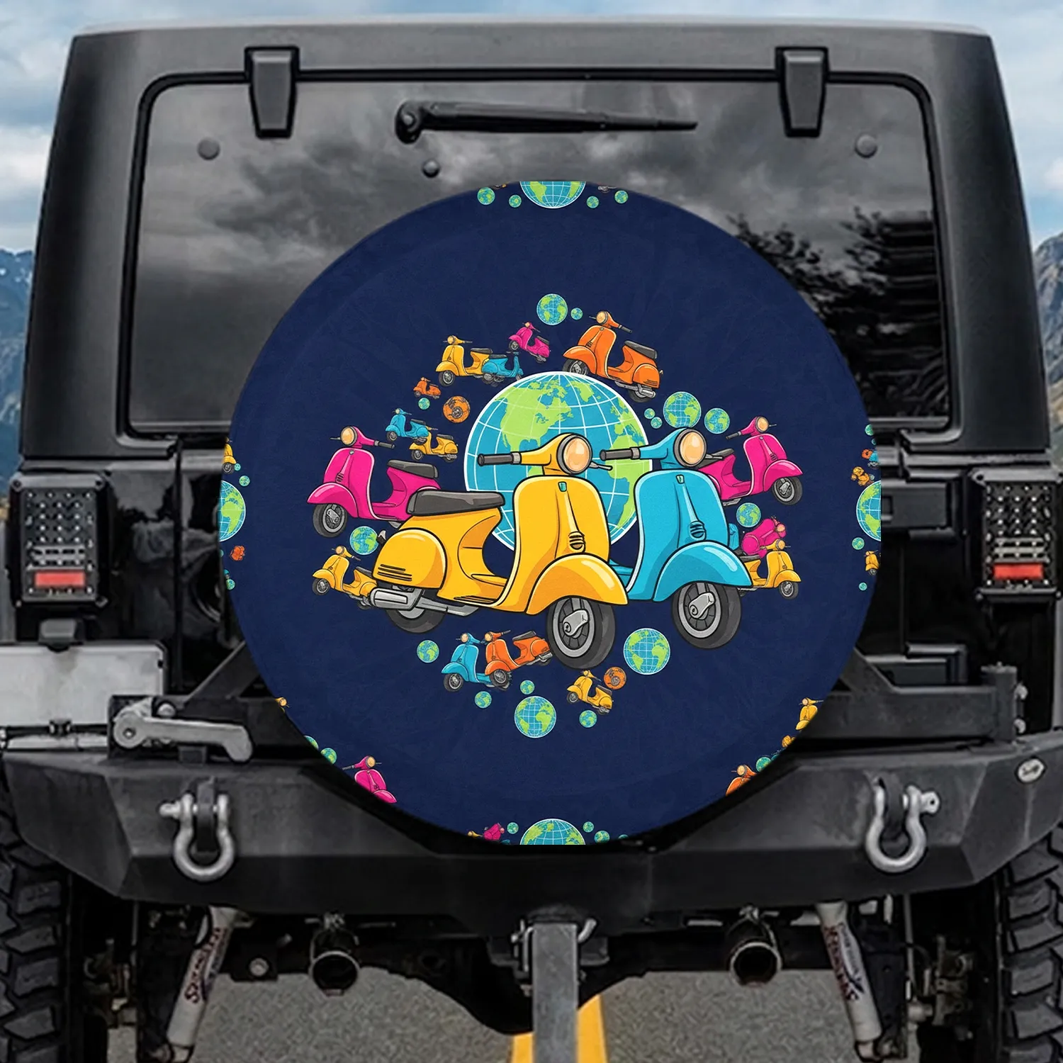 Vintage Scooter Earth Globe Travel Essentials - Travel Lover Gift Spare Tire Cover - 1