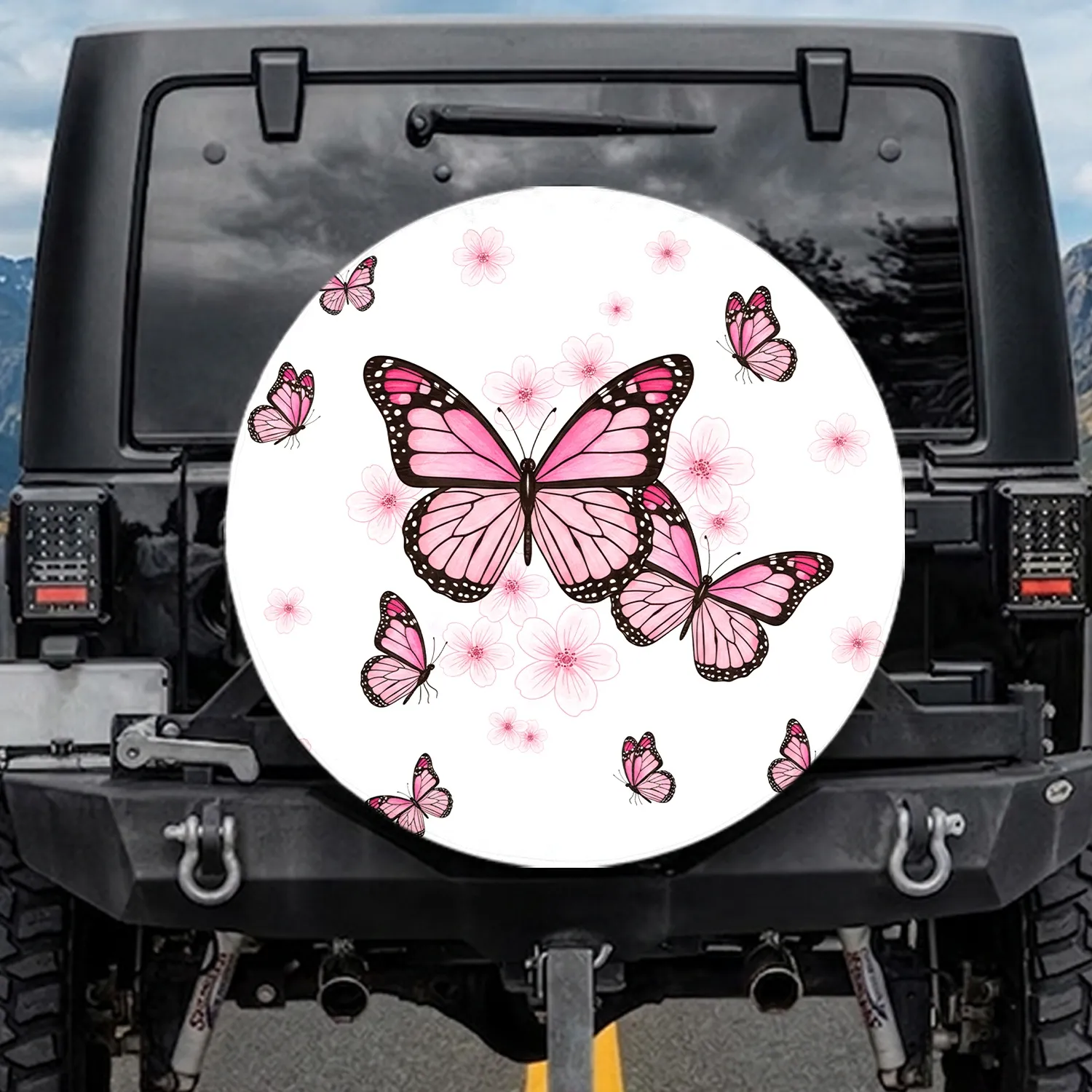 Pink Monarch Butterflies Pink Flowers White Backdrop - Garden Lover Gift for Women Spare Tire Cover - 1