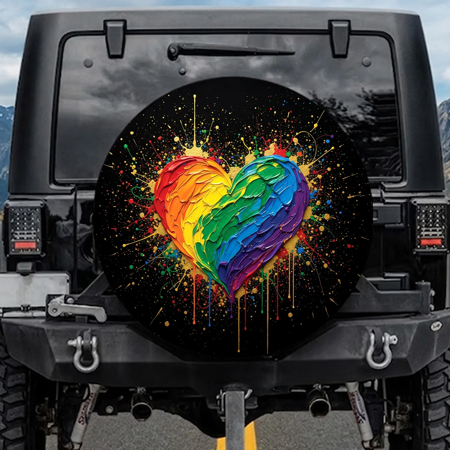 Rainbow Heart Gold Splatter Black - Statement Decor Gift Spare Tire Cover - 1