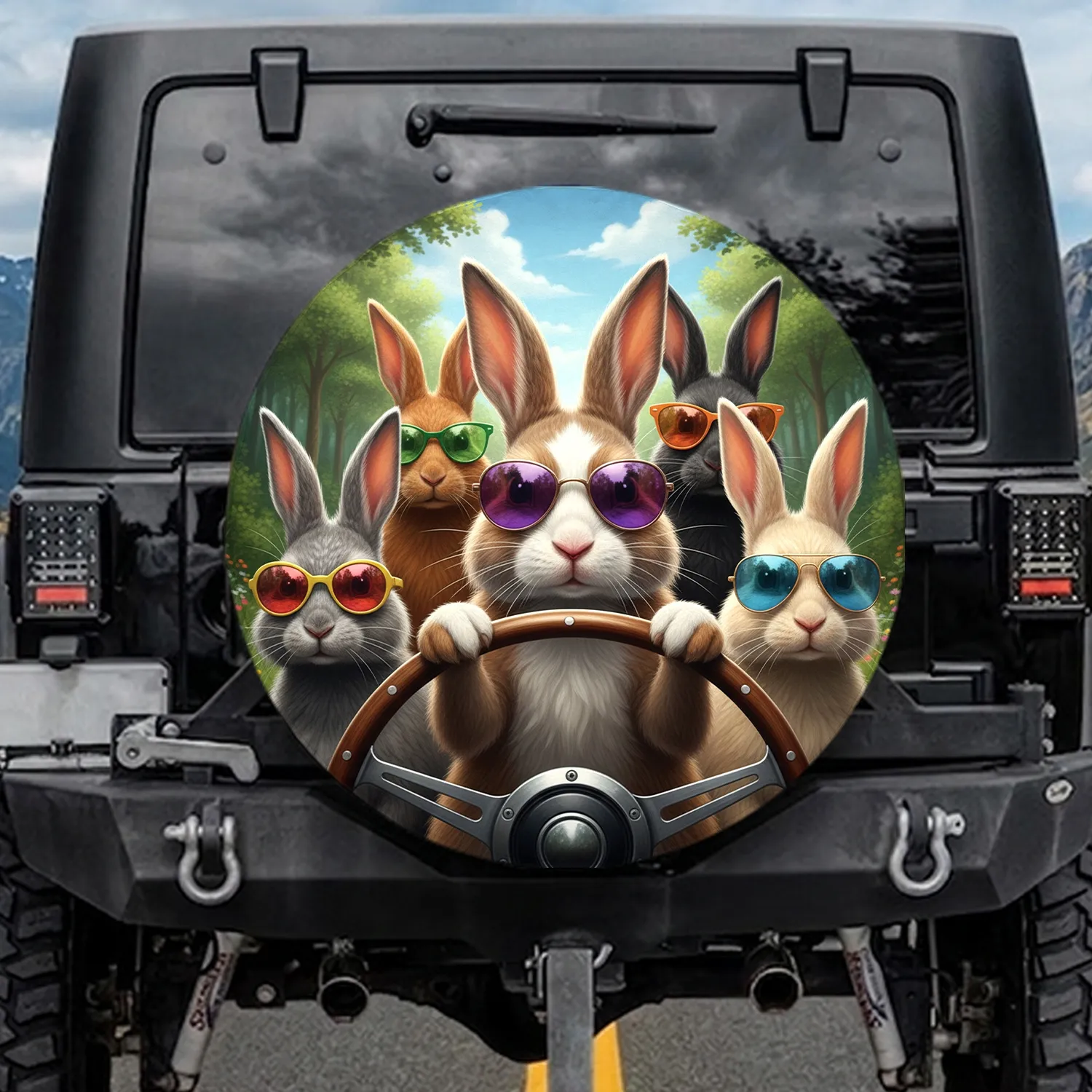 Rabbits Driving Forest Road Adventure - Wildlife Lover Travel Gift Spare Tire Cover - 1