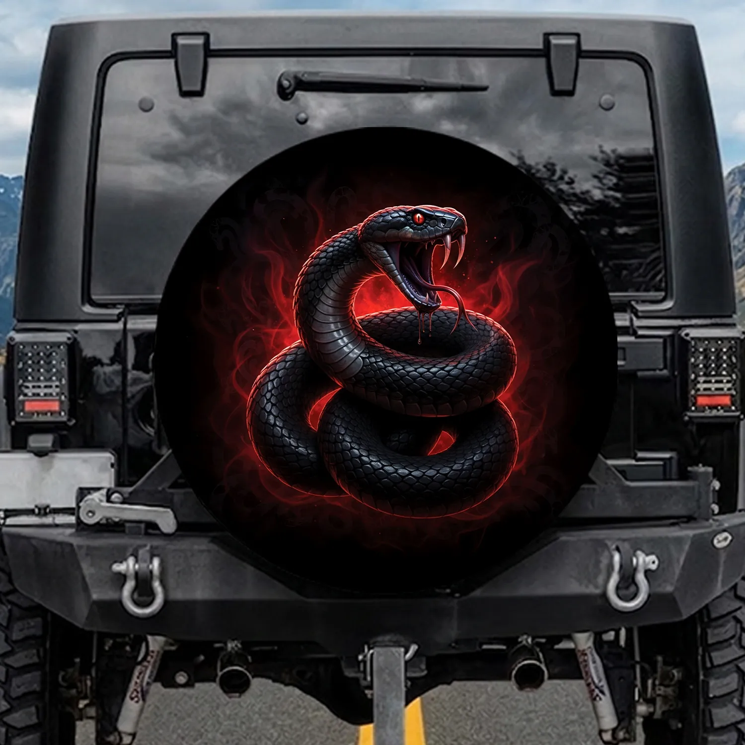 Coiled Black Mamba Snake Fangs Red Eyes Crimson Glow - Exotic Animal Lover Gift Spare Tire Cover - 1