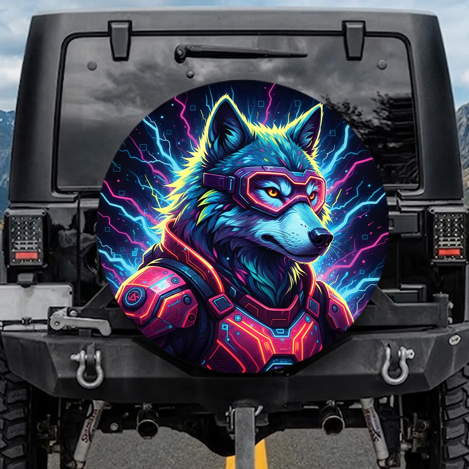 Cyberpunk Wolf Cybernetic Armor Goggles Lightning - Sci-Fi Car Accessory Gift for Enthusiasts Spare Tire Cover - 1