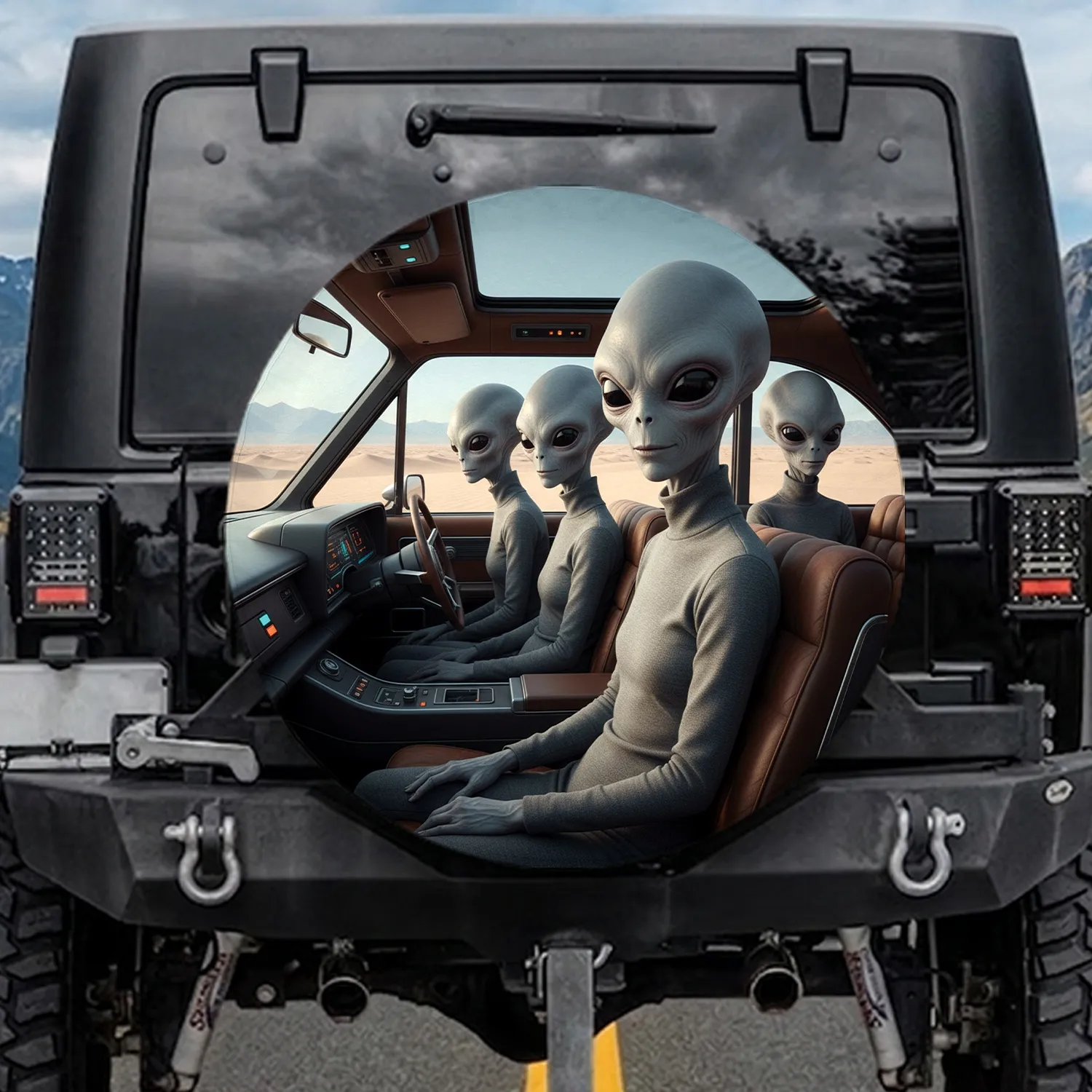 Five Grey Aliens Retro Vehicle Desert - Travel Essentials for Alien Lover Spare Tire Cover - 1