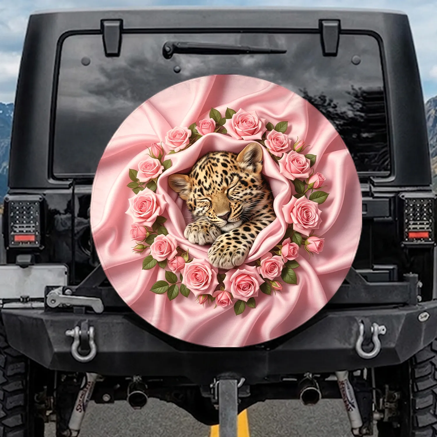 Sleeping Leopard Cub Rose Floral - Wildlife Lover Gift Spare Tire Cover - 1