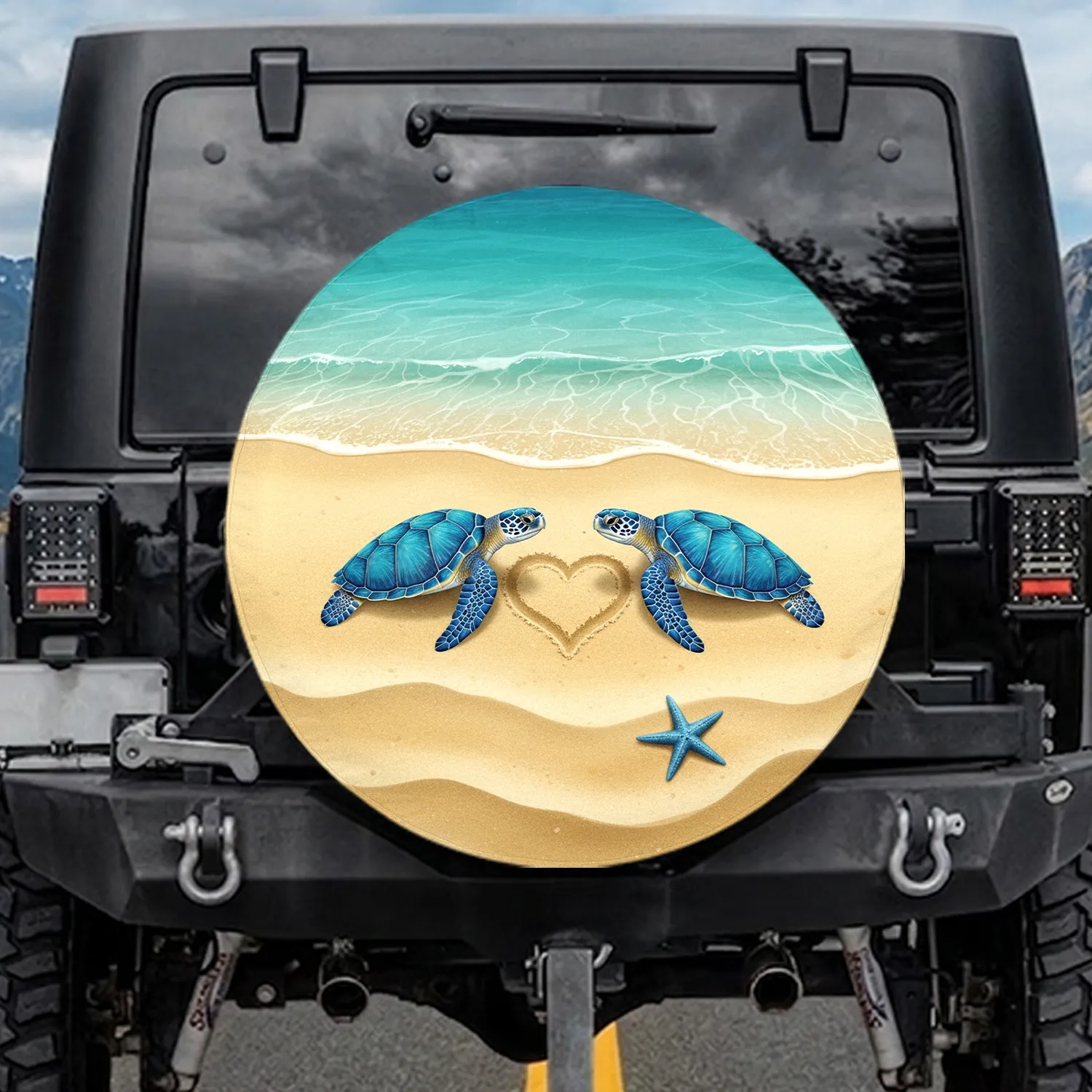 Blue Sea Turtles Heart Pristine Golden Sand Starfish Ocean - Wildlife Lover Gift Spare Tire Cover - 1