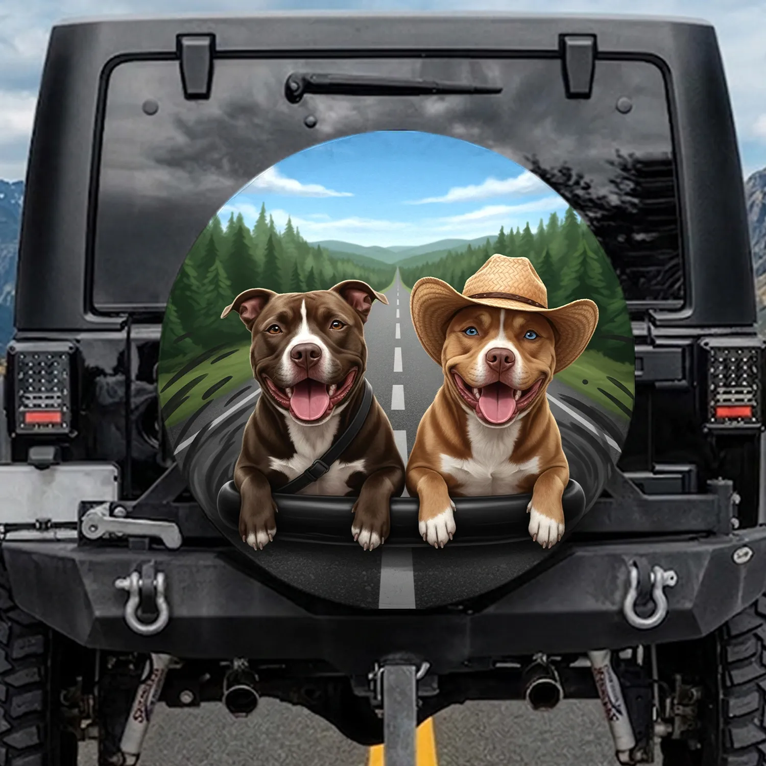 Pit Bull Cowboy Hat Grinning Dogs - Road Trip Gift for Dog Lovers Spare Tire Cover - 1
