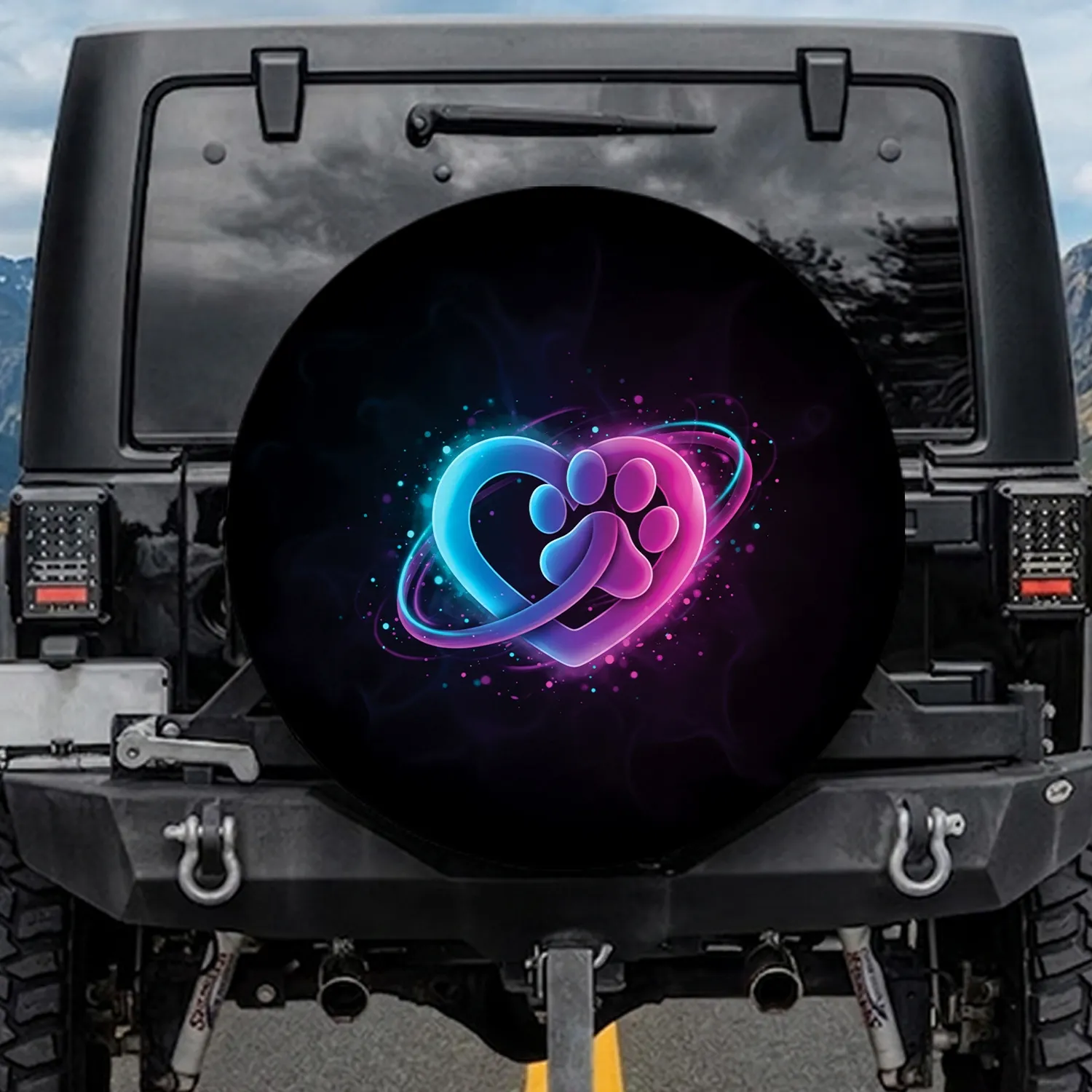 Intertwined Heart Paw Print Glowing Trails - Pet Lover Gift for Dog Mom and Cat Dad Spare Tire Cover - 1