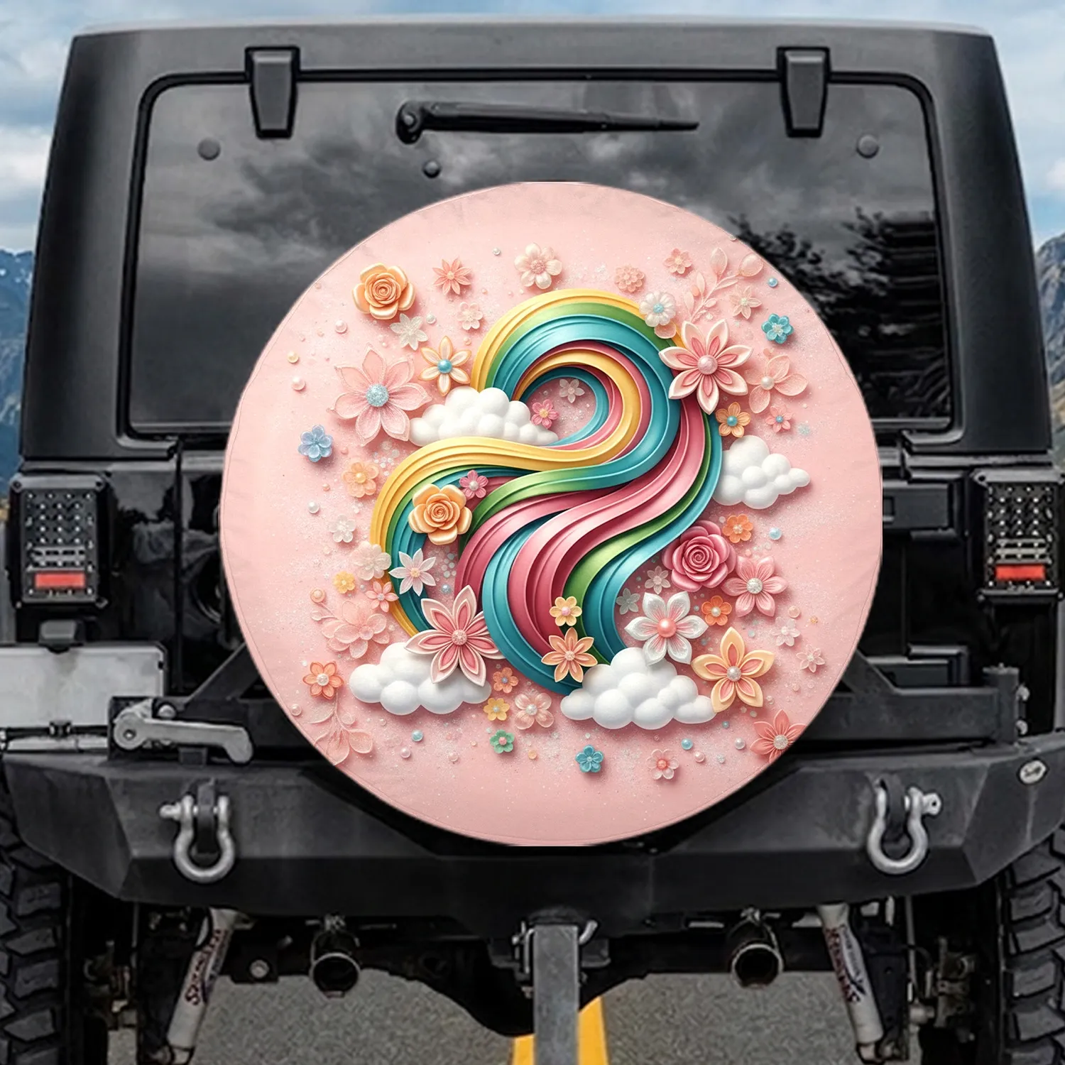 Vibrant Ribbon Rainbow Sugar Flower Clouds - Home Decor Gift Spare Tire Cover - 1