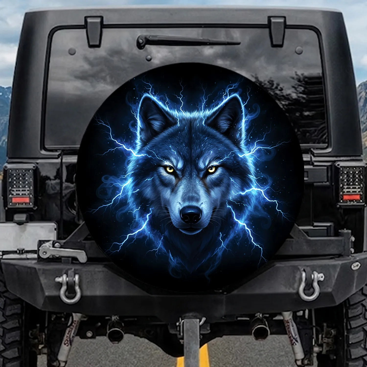 Regal Wolf Head Golden Eyes Electric Lightning Wildlife Lover Adventurer Gift Spare Tire Cover - 1