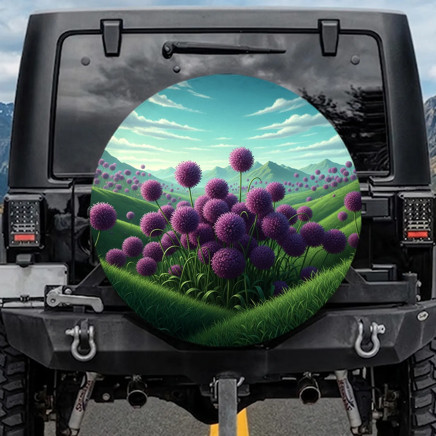 Purple Spherical Flowers Green Meadow Blue Sky - Garden Theme Vehicle Decor Spare Tire Cover - 1