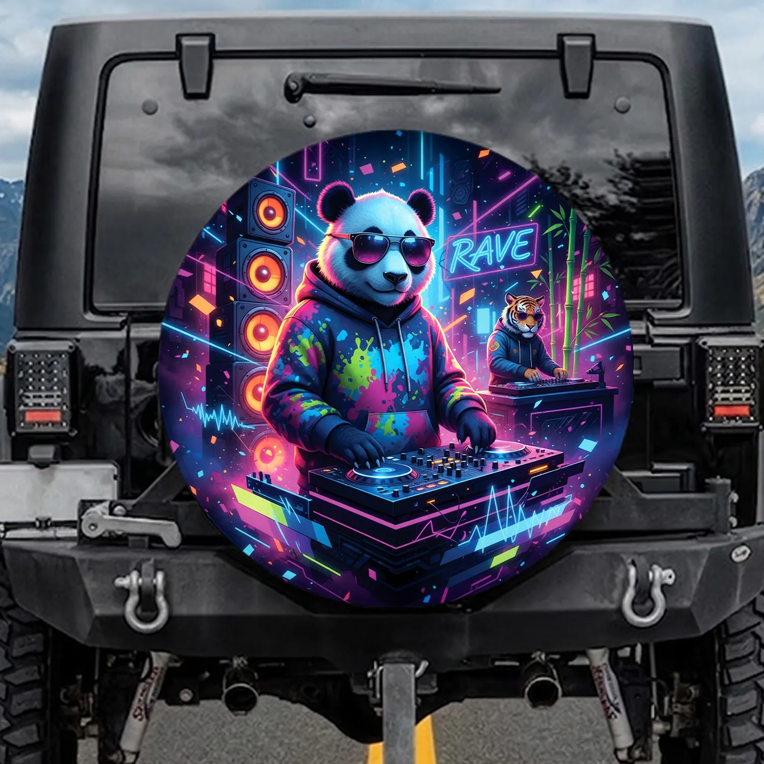 Panda DJ Tiger Neon Rave Club Scene Laser Lights Confetti - Party Music Lover Gift Spare Tire Cover - 1